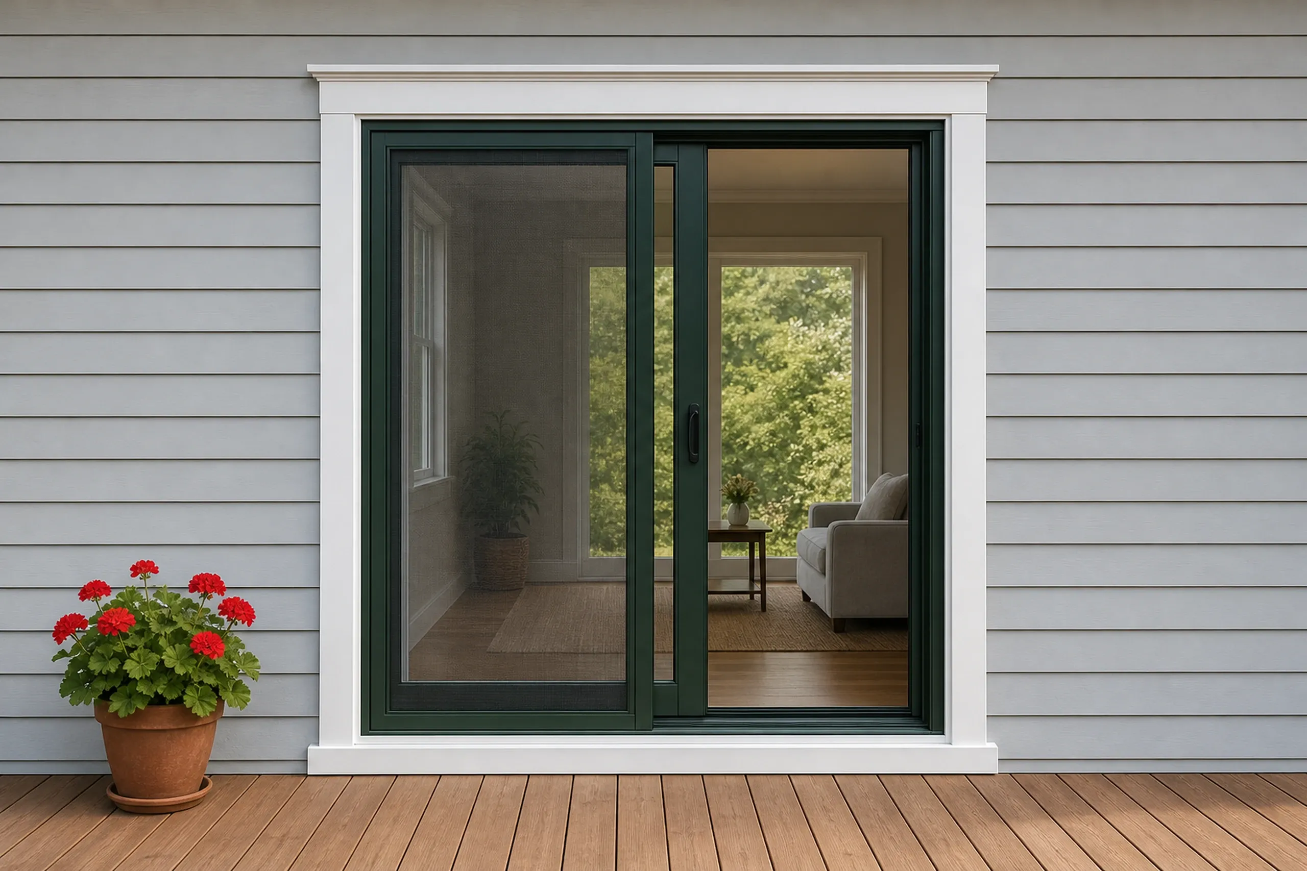 Patio door replacement: dark green sliding door with a screen panel in white trim on gray siding, with a red geranium in a terracotta pot and deck boards in front