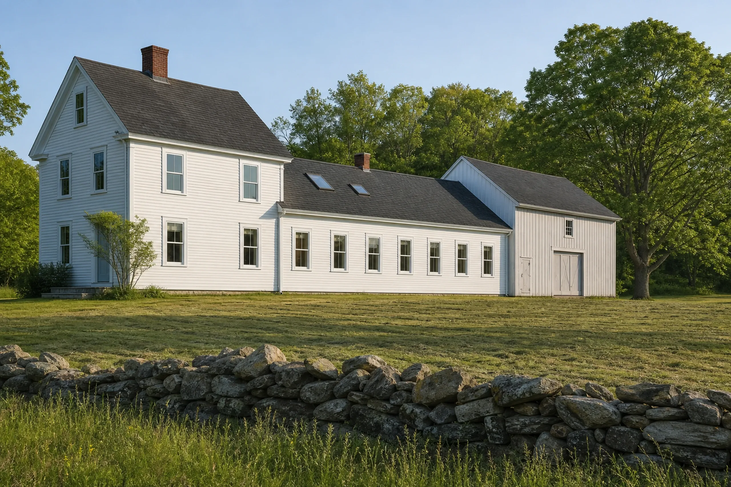 Vinyl window replacement: long white clapboard farmhouse joined to a barn, with two skylights and many windows, set behind a fieldstone wall and a mown field