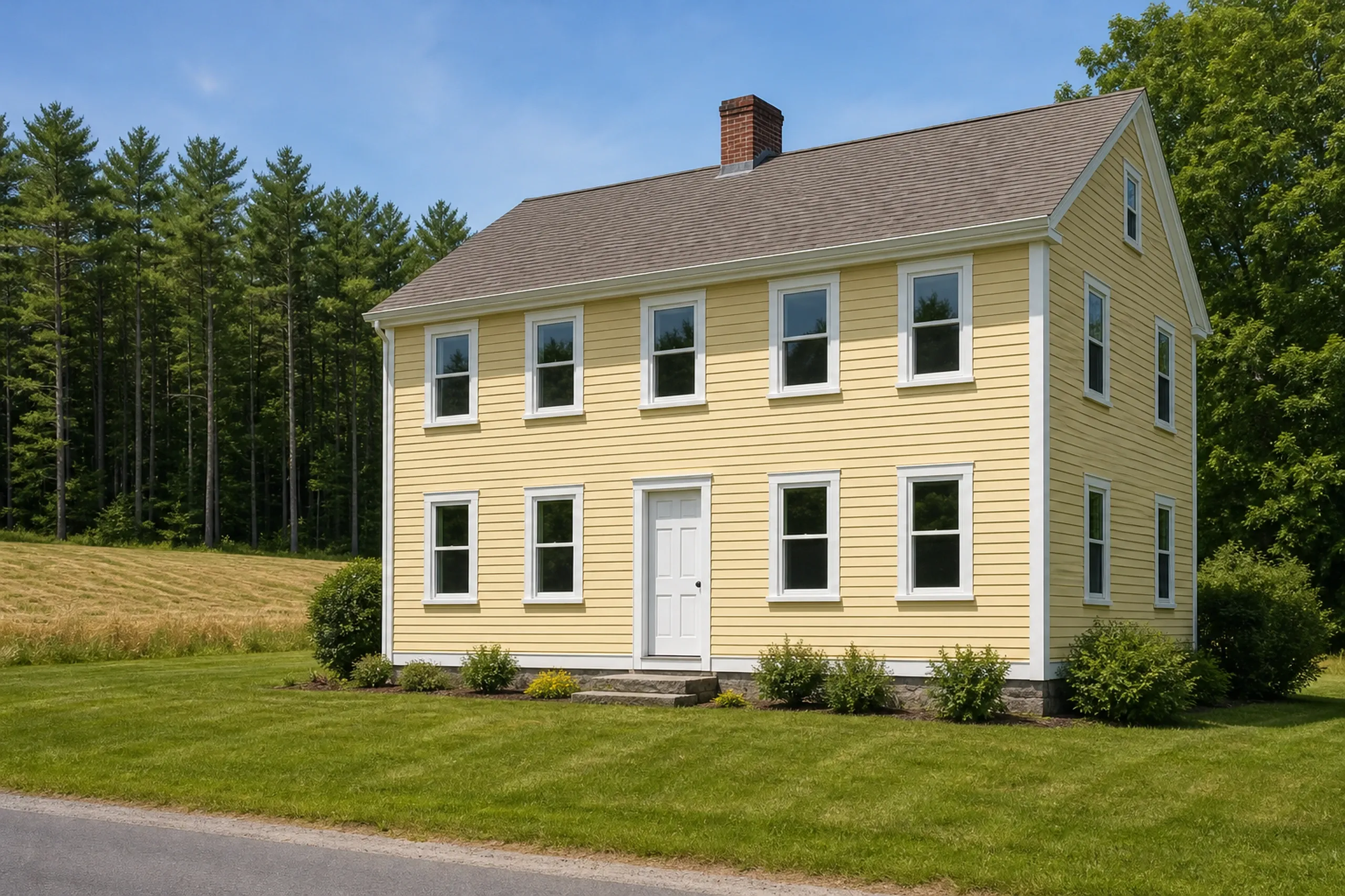 Vinyl window replacement: pale yellow clapboard two-story house with white trim, a white front door and a brick chimney, with pines and a mown field beside a road