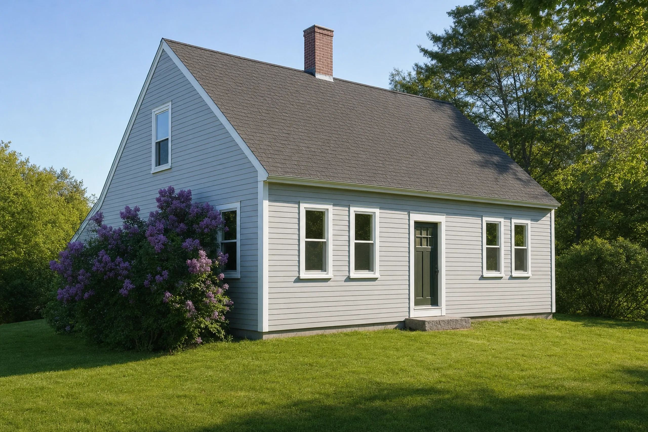 Vinyl window replacement: light gray Cape with a dark green front door, four white windows across the front and a brick chimney, a purple lilac at the left corner