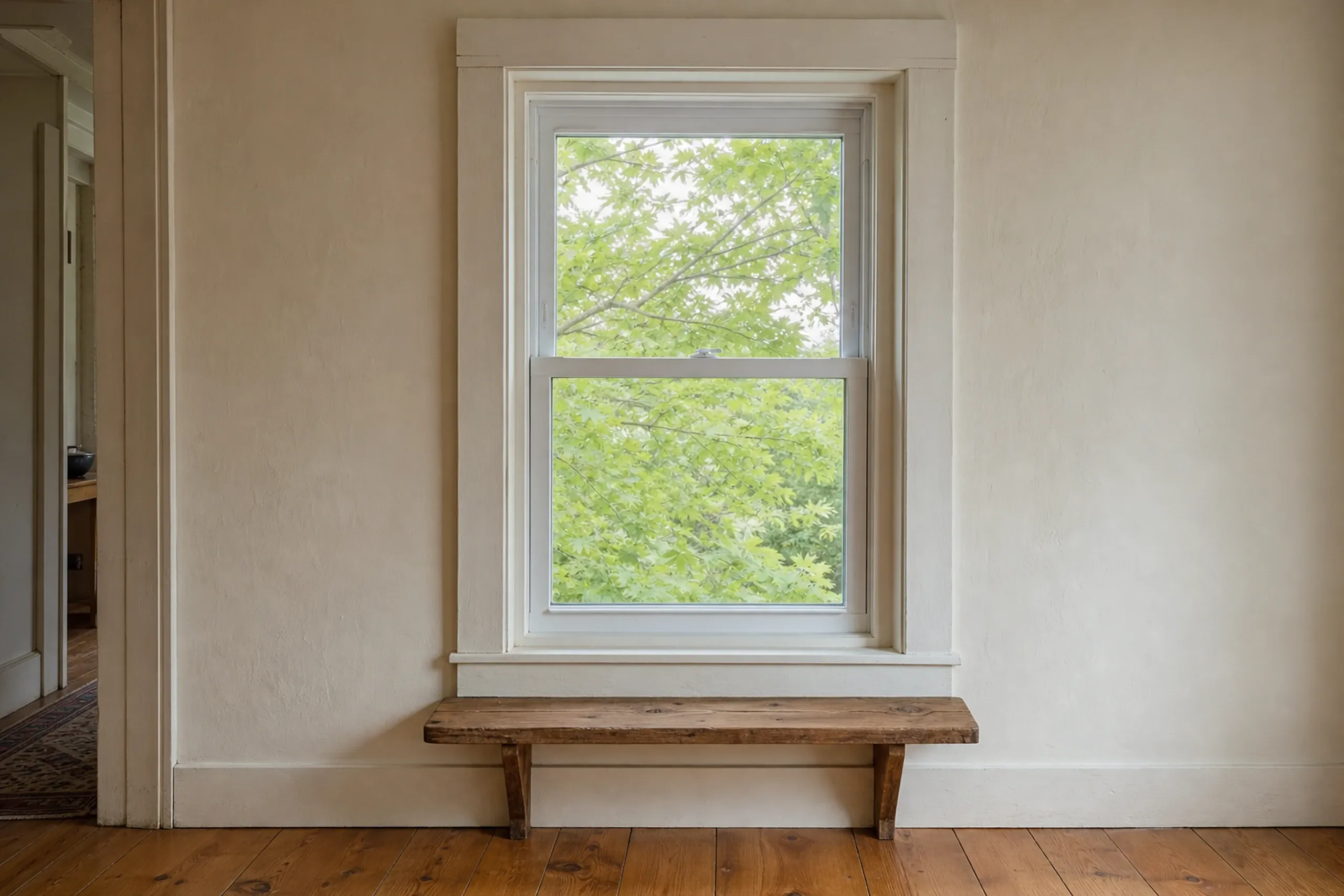 Vinyl window replacement: white one-over-one double-hung window in a cream plaster wall with wide trim, a rough wooden bench below it and green maple leaves outside