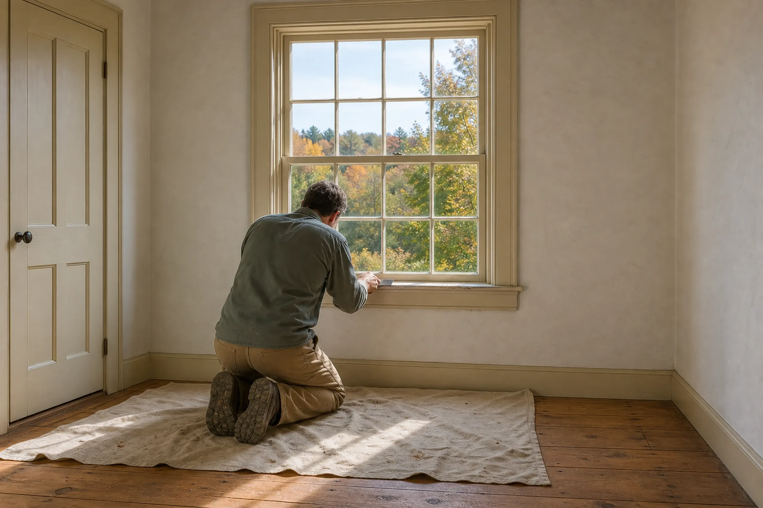 Vinyl window replacement: A man seen from behind kneeling on a cloth on a wood floor, working at the sill of a tall divided-pane window with autumn trees outside