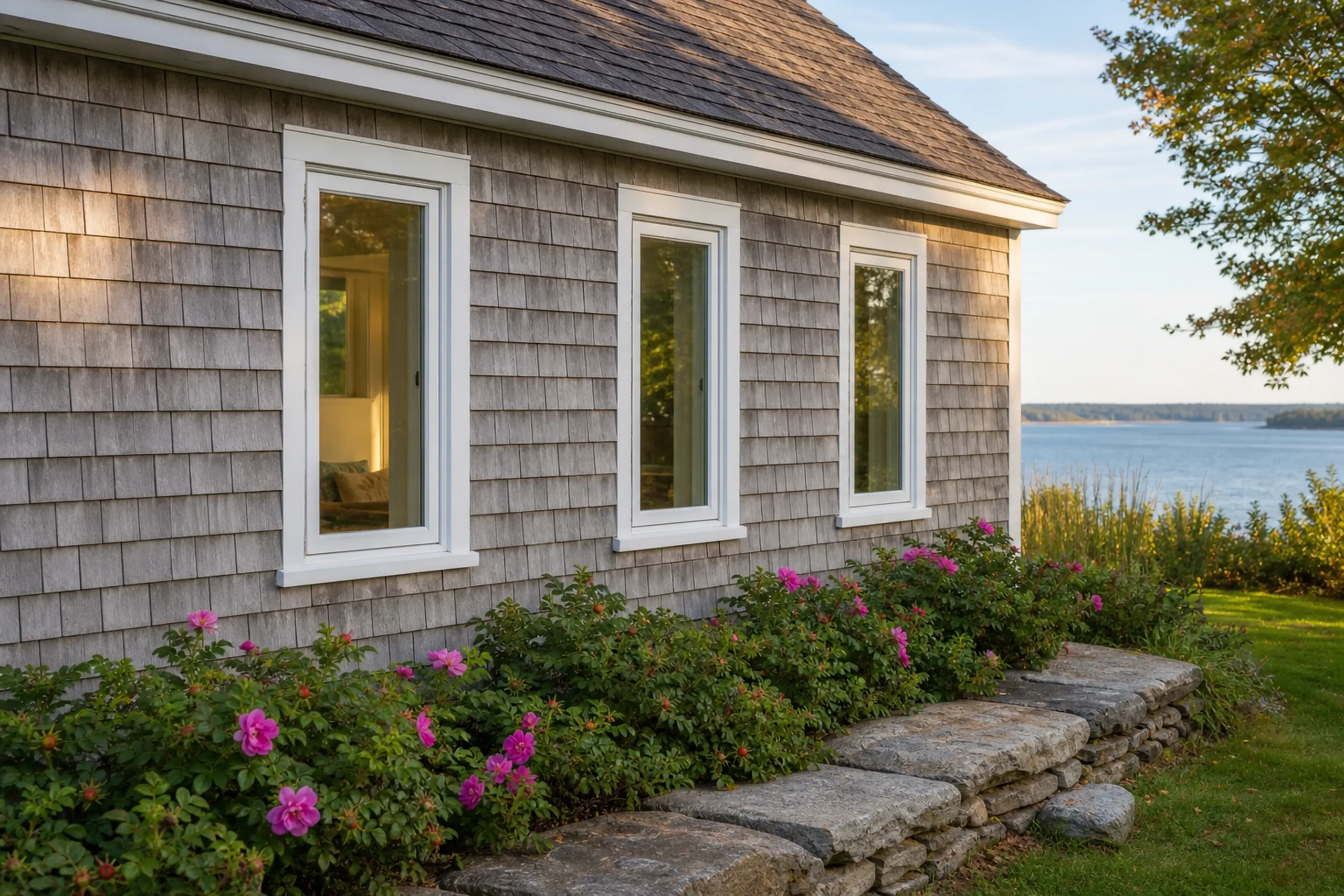 Vinyl window replacement: three tall white-trimmed windows in a gray cedar-shingled wall, with wild pink roses and a stone wall in front and calm water behind