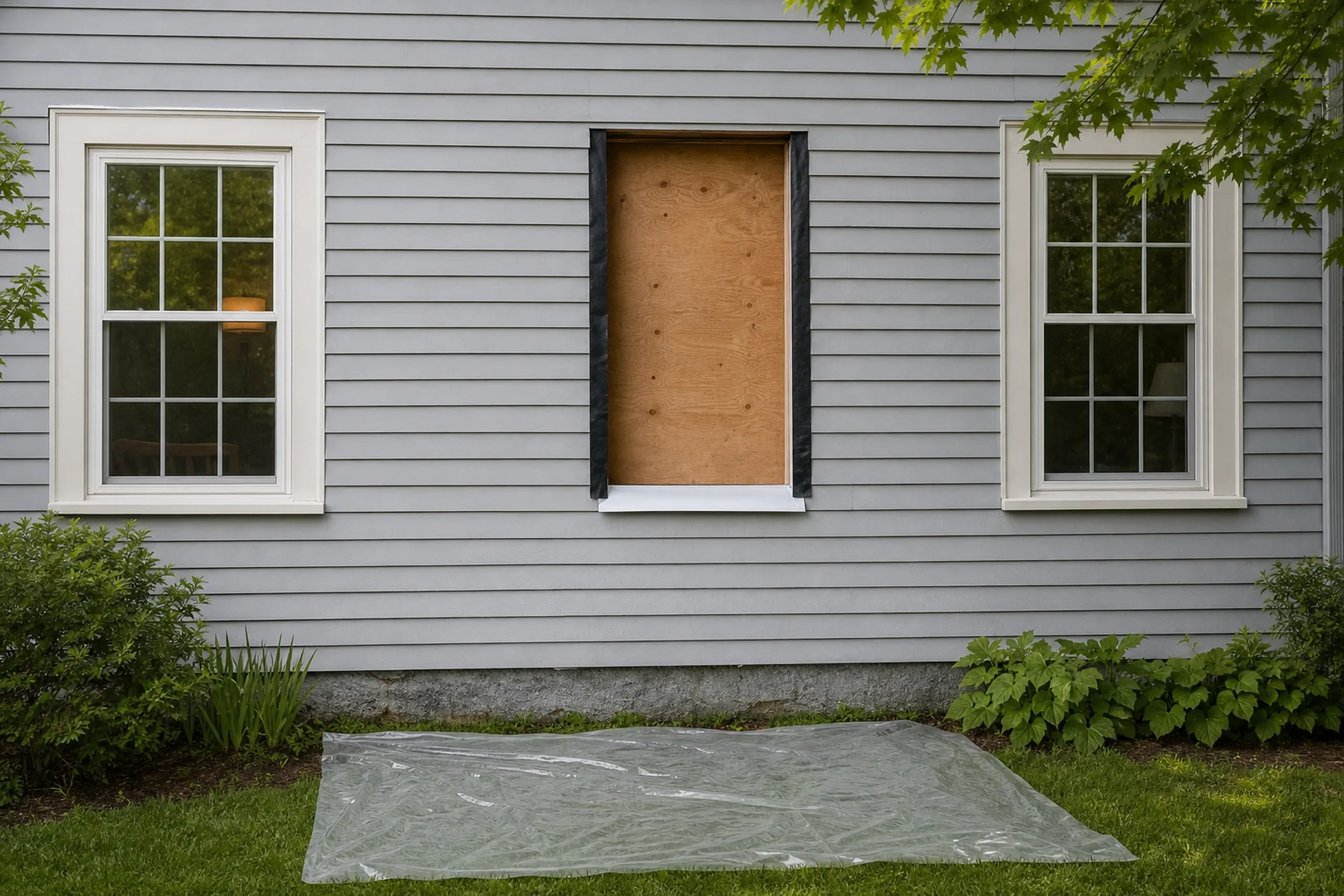 Vinyl window replacement: plywood-covered window opening edged in black flashing tape with a white sill pan, between two six-over-six windows, plastic sheeting