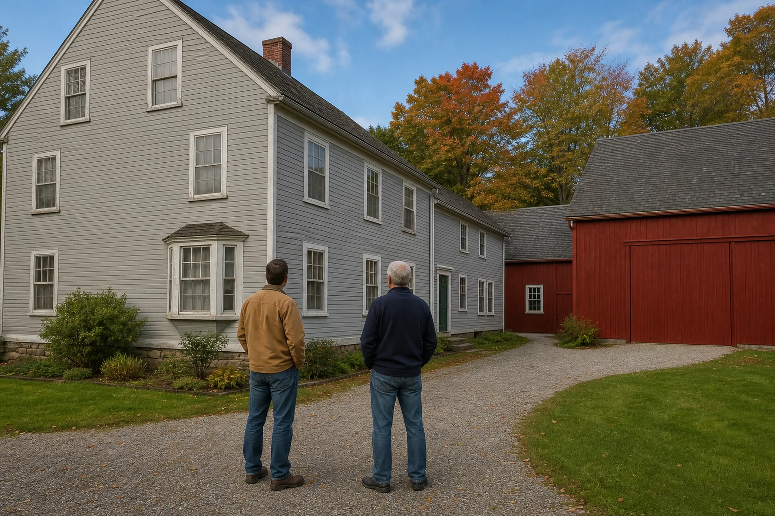 Vinyl window replacement first visit: gray clapboard house with a bay window and a red barn at right, seen over the shoulders of two men standing on a gravel drive in autumn