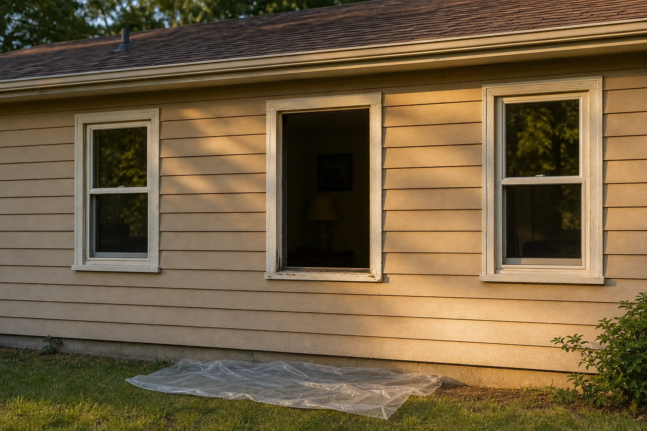 Vinyl window replacement in progress: beige clapboard wall with an empty window opening between two white one-over-one windows, plastic sheeting on the grass, in warm light