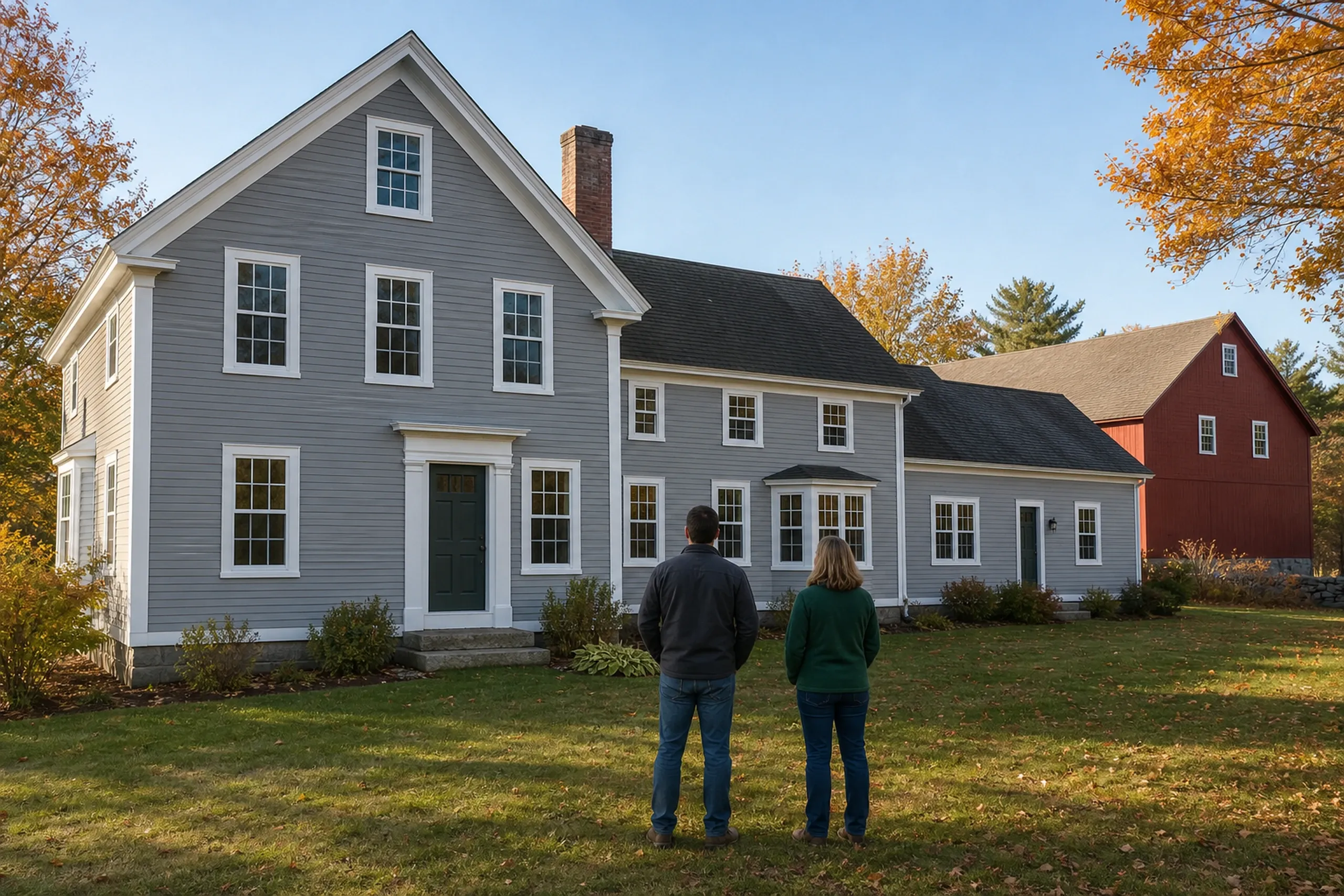 Vinyl window replacement final walkthrough: two people in a dark jacket and a green sweater, backs turned, facing a gray farmhouse with a green door and a red barn, in autumn