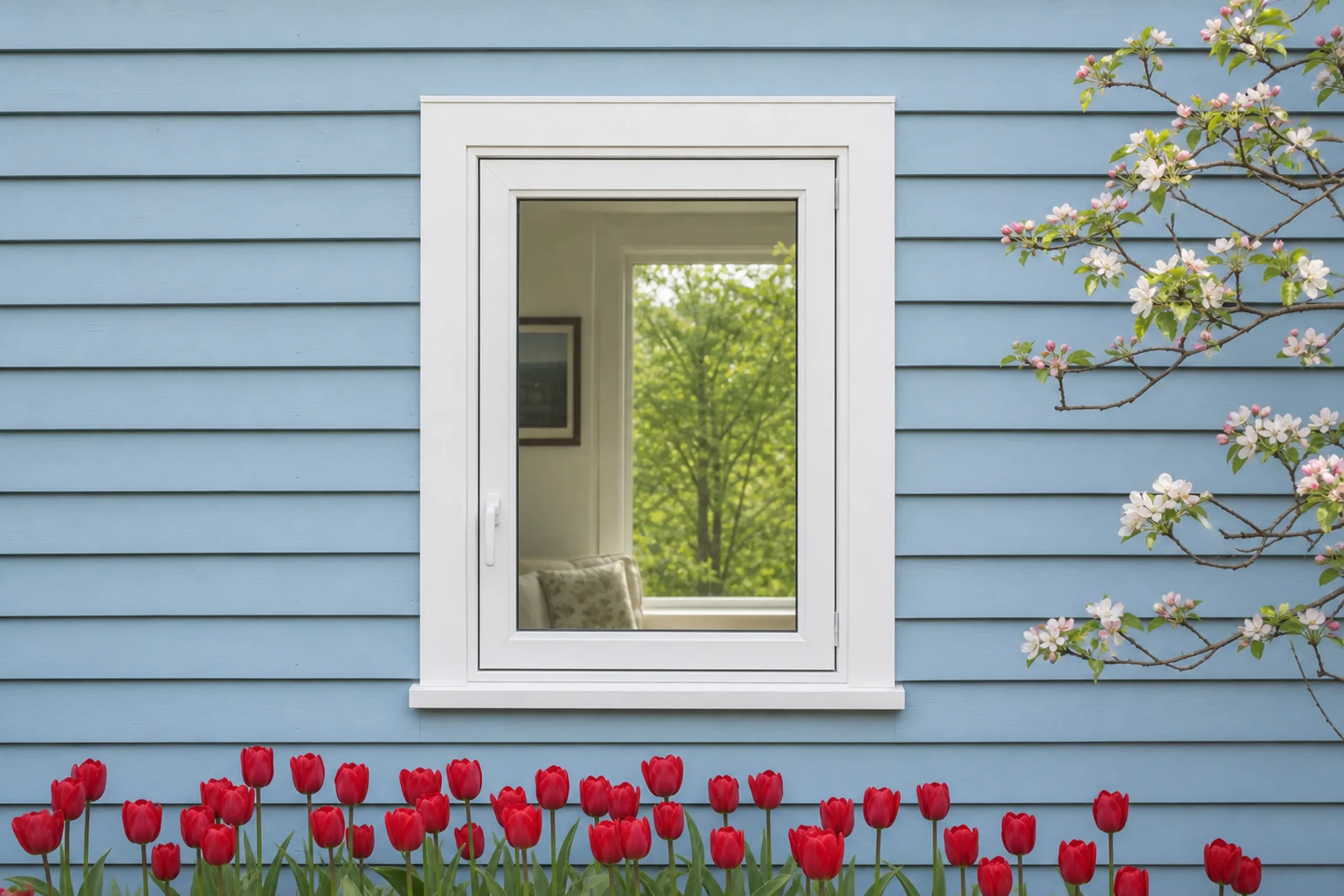 Vinyl window replacement: single white casement window in a pale blue clapboard wall, with red tulips below and a branch of white apple blossoms at the right
