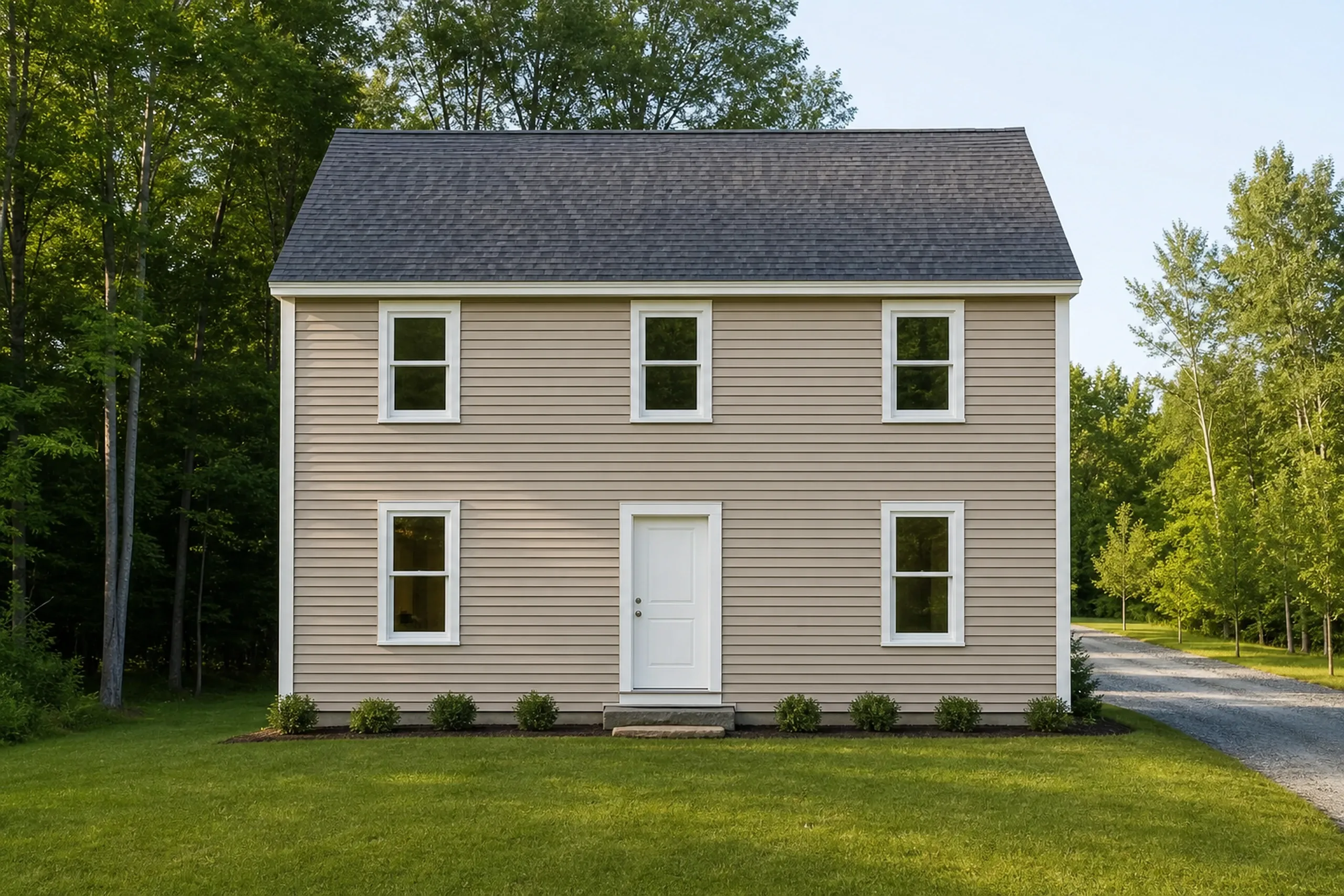 Window replacement in Appleton: tan lap-sided two-story house with a gray roof, five white windows and a white front door, small shrubs along the base, gravel drive