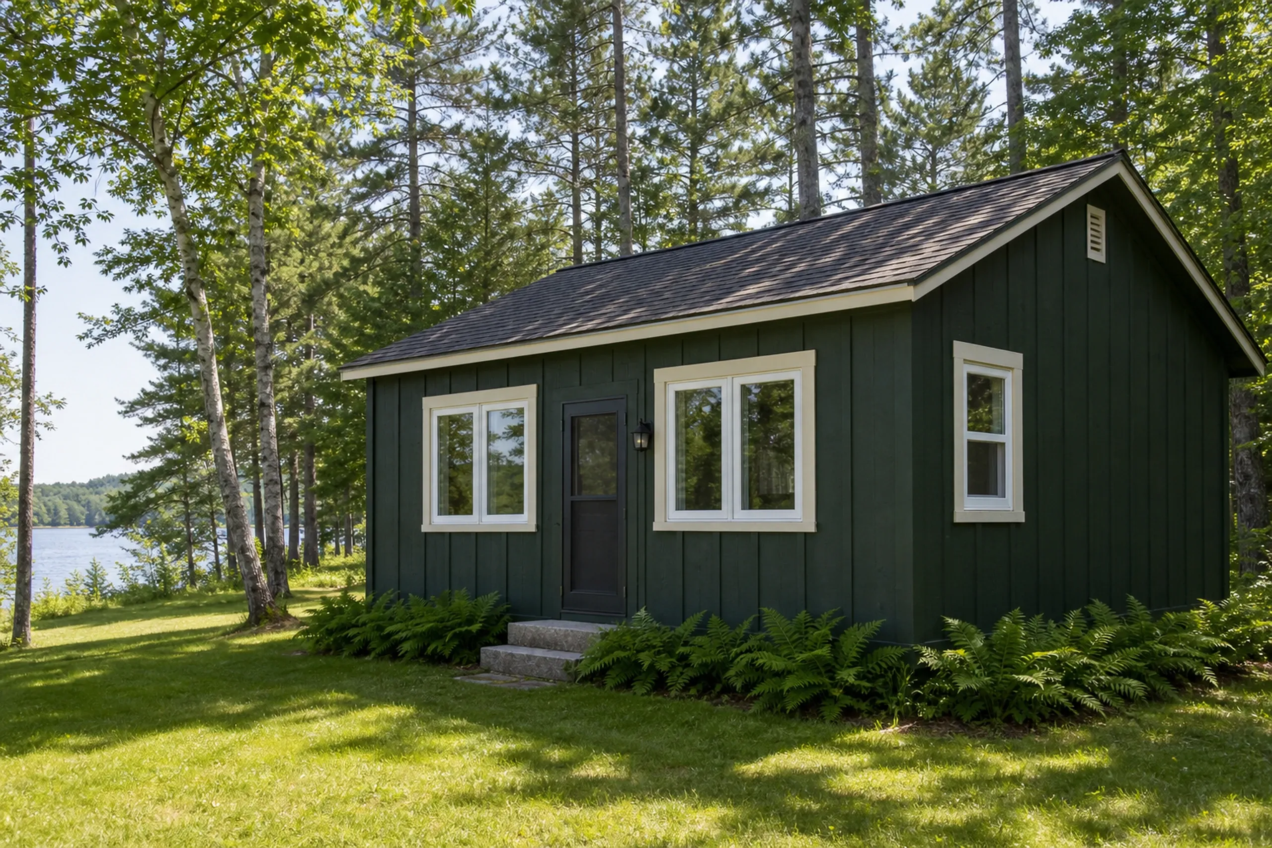 Window replacement in Appleton: small dark green board-and-batten cabin with a gray roof, white windows and a dark screen door, with ferns, birch and pines and a lake