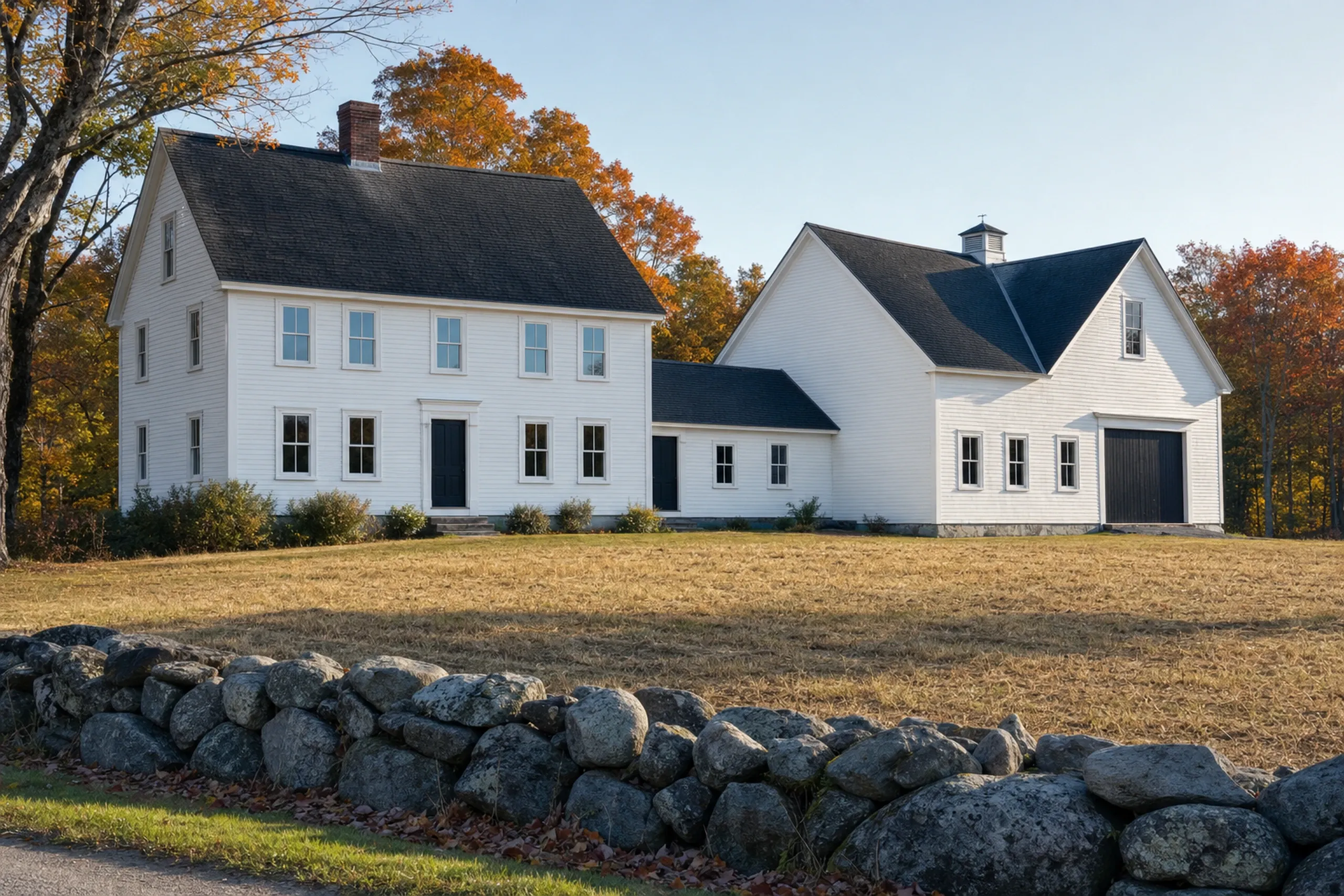Window replacement in Appleton, ME: white clapboard colonial with a black front door and an attached barn with a cupola, behind a stone wall and a dry field in autumn