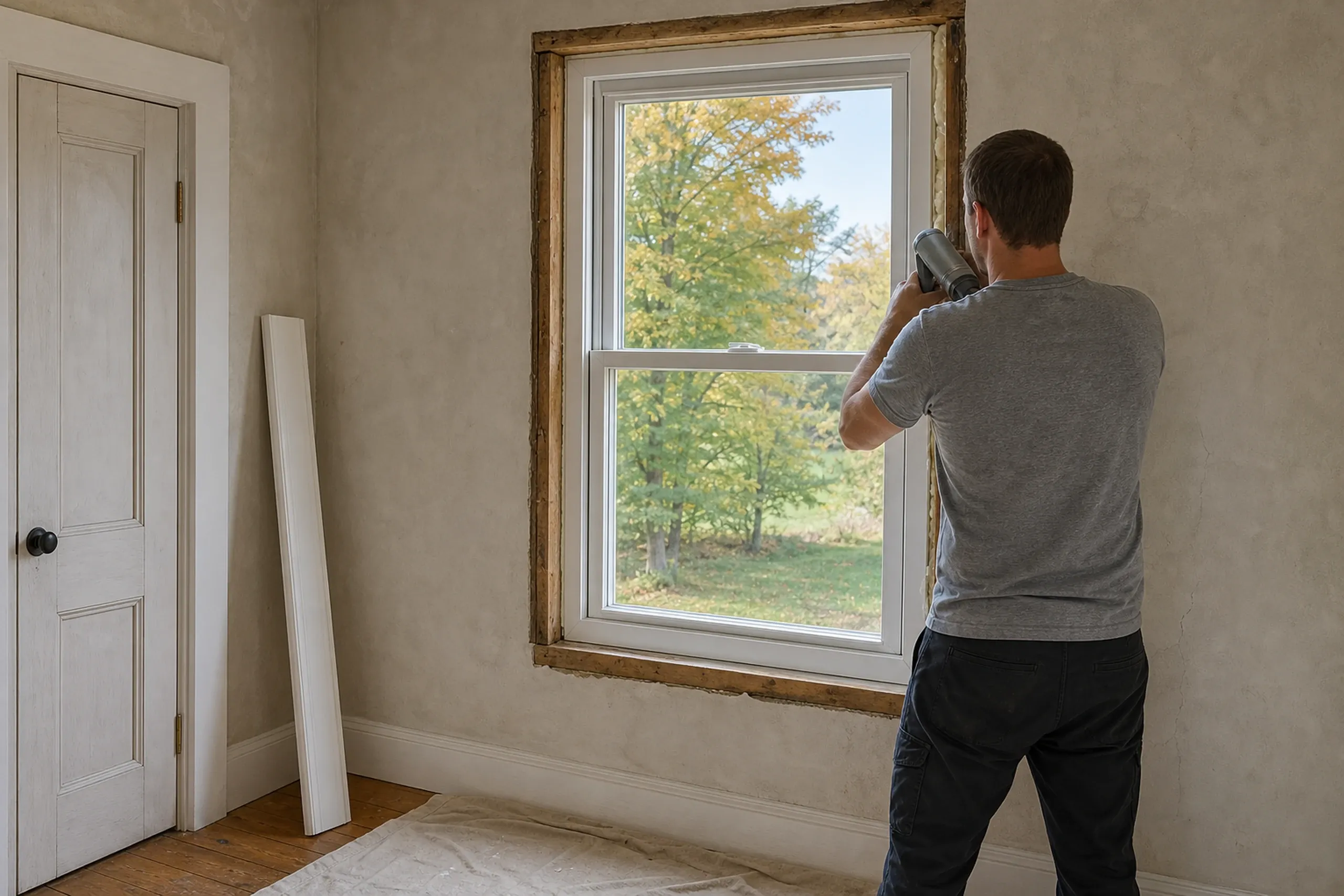 Window replacement in Appleton: A man in a gray t-shirt seen from behind aiming a handheld tool at the gap around a new white double-hung window in a plaster wall
