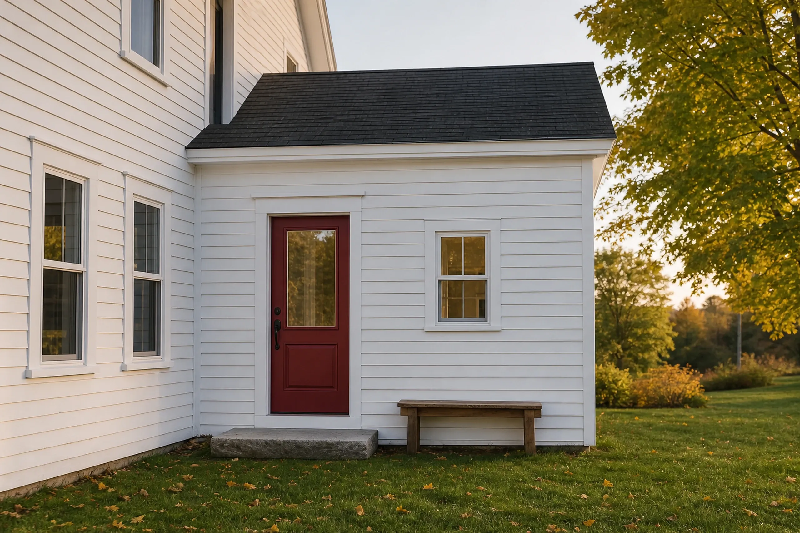Window replacement in Appleton: red half-glass door in a white clapboard entry addition with a granite step, a small window and a wooden bench, fallen leaves on the grass
