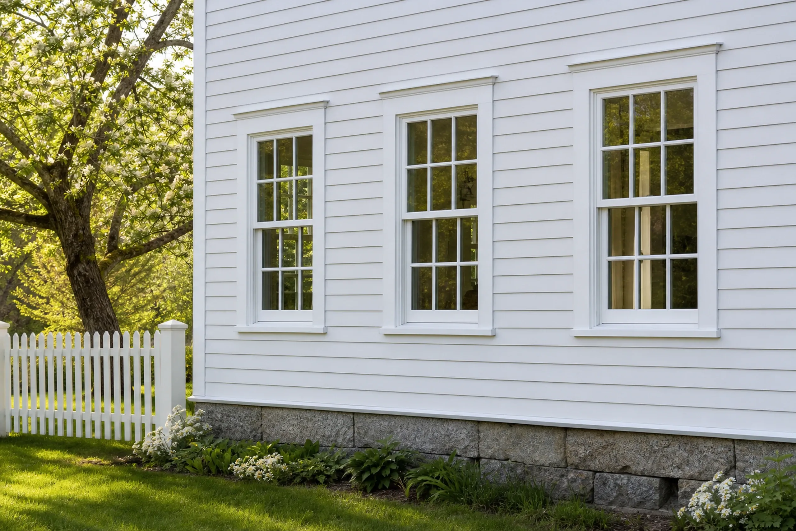 Window replacement in Appleton: three white double-hung windows with divided panes on white clapboard above a granite foundation, with a picket fence and a flowering tree