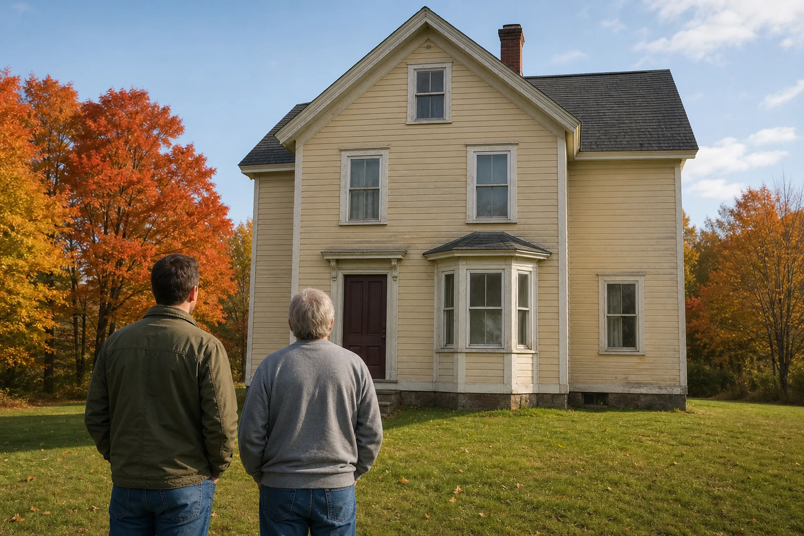 Window replacement in Appleton first visit: two people seen from behind, facing a yellow clapboard house with a bay window and maroon door, with orange and yellow trees in autumn