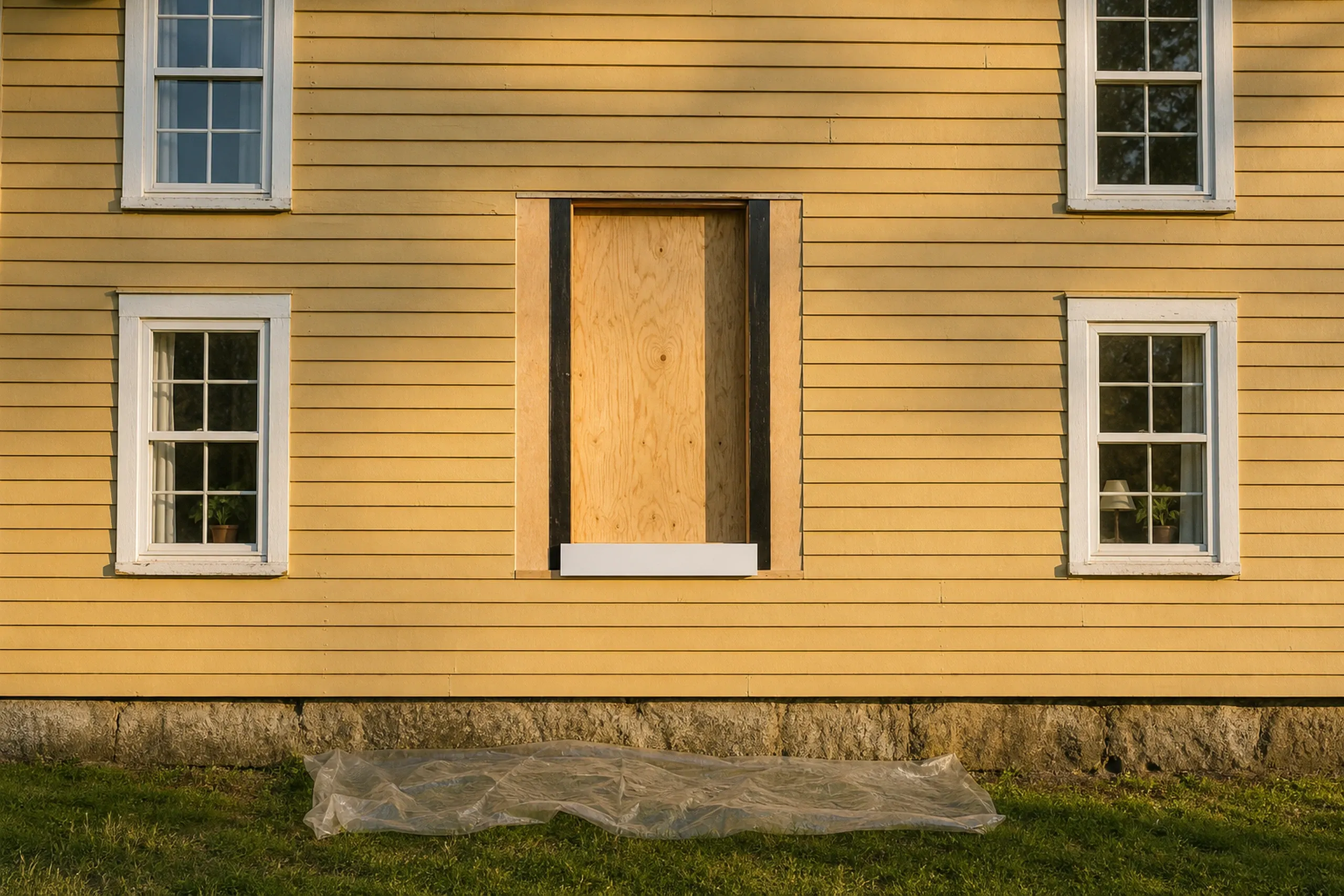Window replacement in Appleton in progress: plywood-covered window opening framed by black flashing tape and a white sill on yellow clapboard, with plastic sheeting on the grass