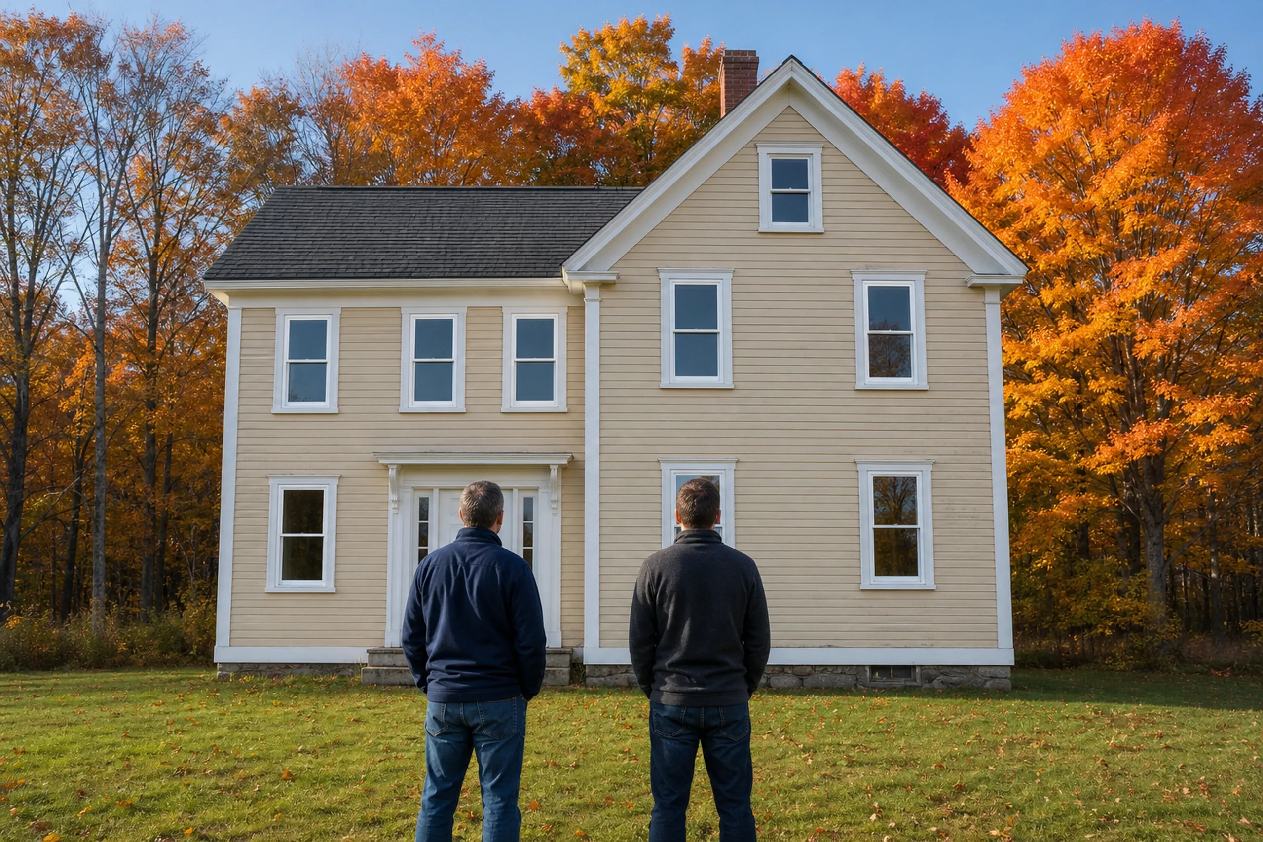 Window replacement in Appleton final walkthrough: cream clapboard house with white-trimmed windows and a paneled door, two people in dark jackets facing it from the lawn in autumn