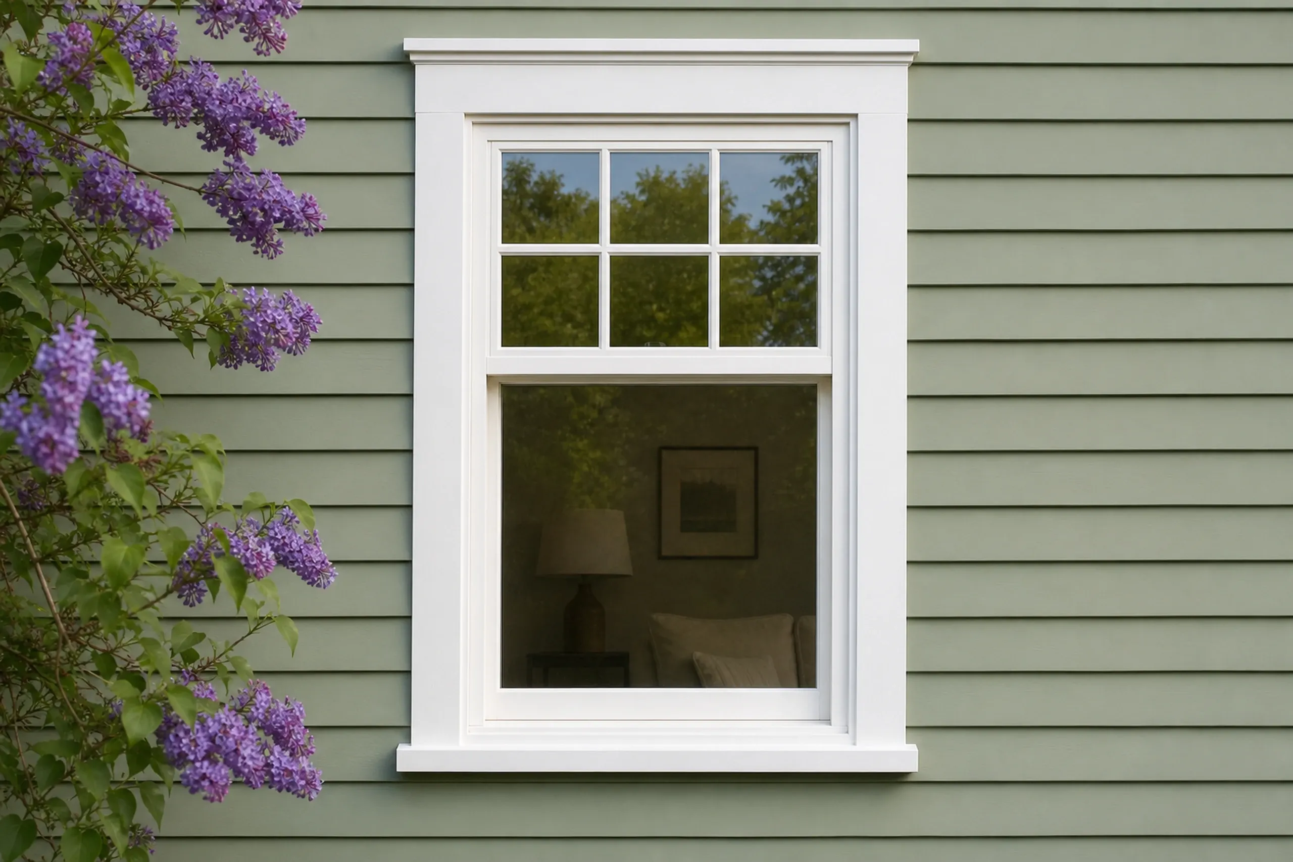 Window replacement in Appleton: white double-hung window with six small panes over one large pane in wide trim on sage green siding, beside blooming purple lilac