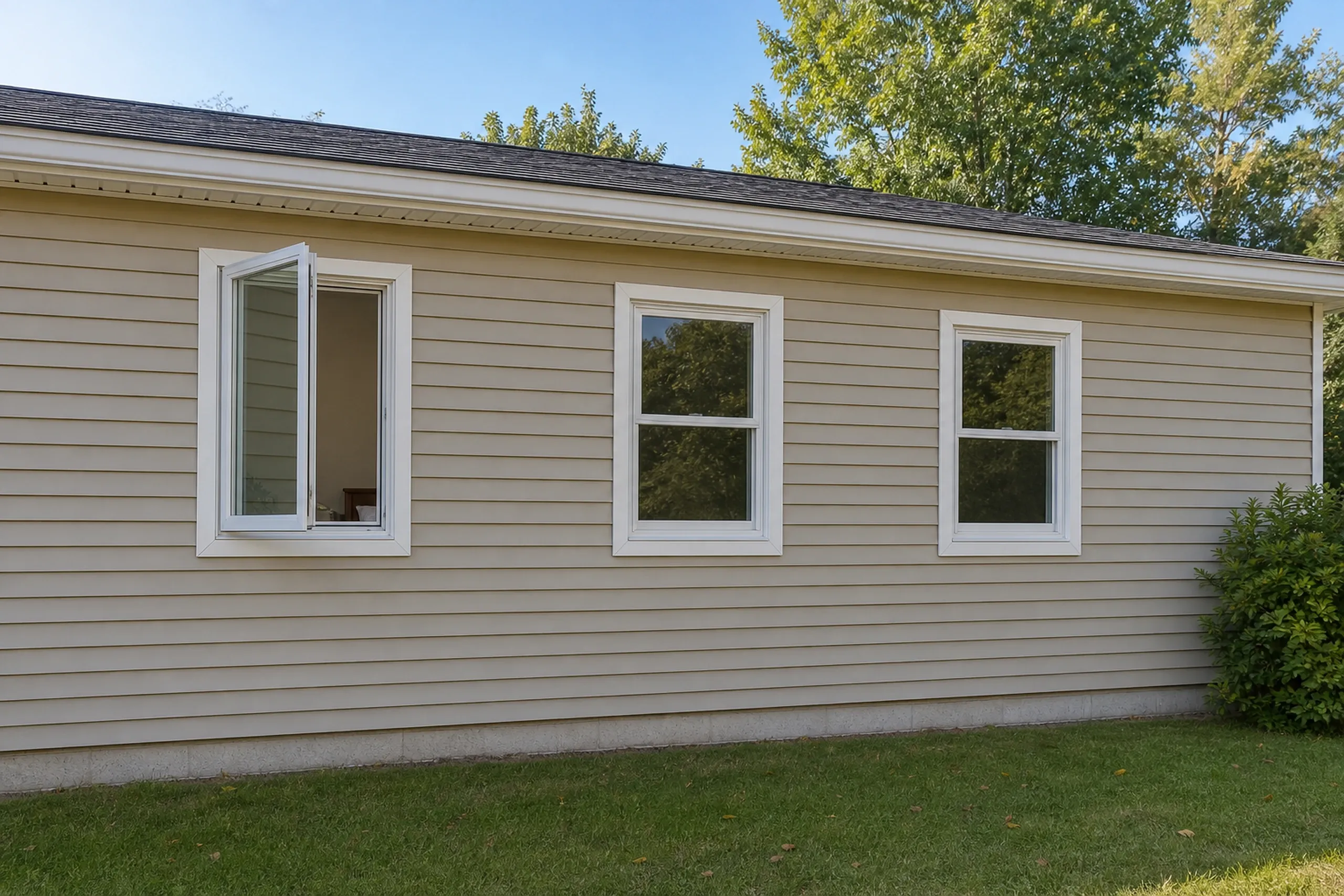 Window replacement in Belmont: beige horizontal siding with three white windows, the left one a casement swung open, beside two double-hung windows and a green shrub