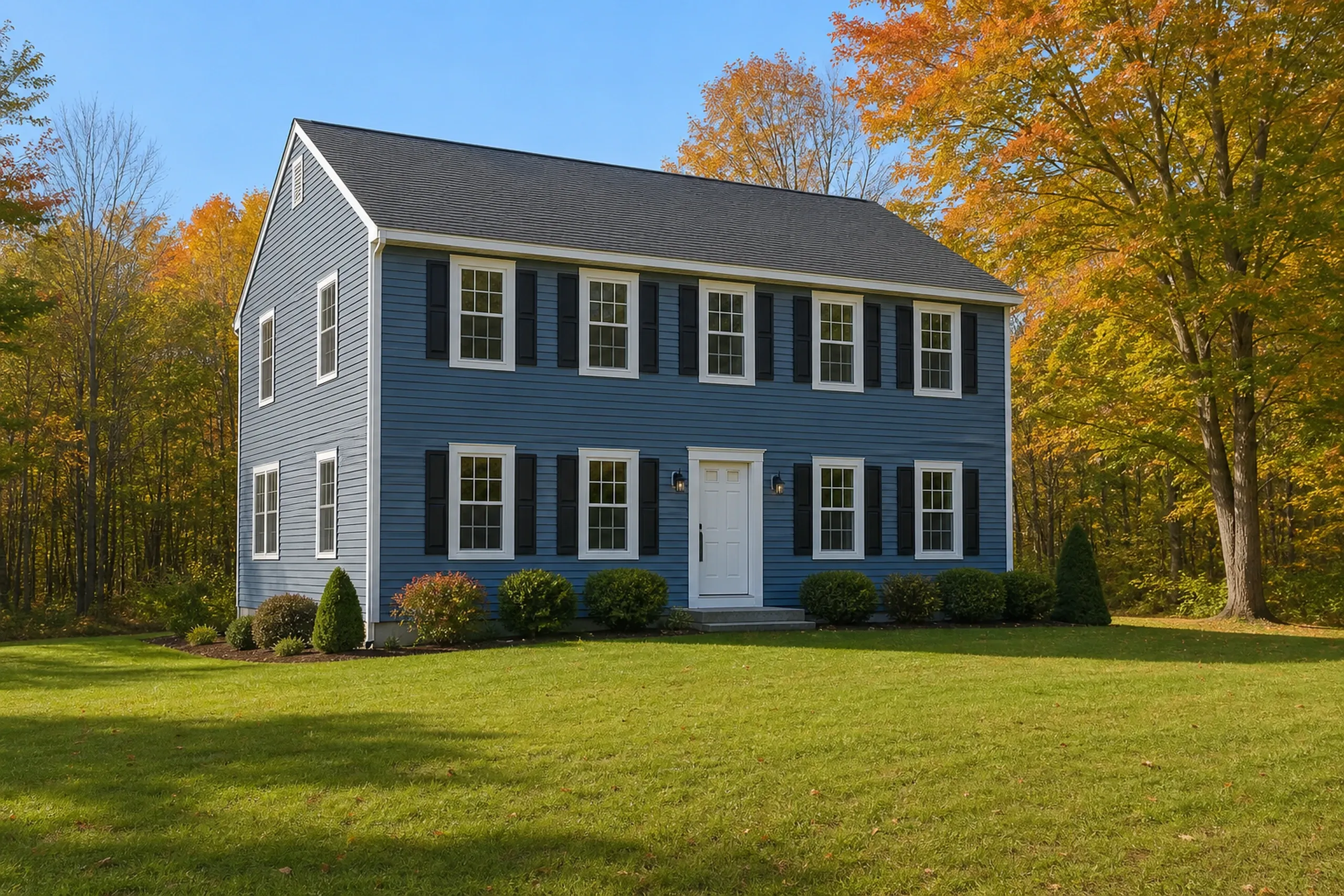 Window replacement in Belmont: blue clapboard colonial with black shutters, white grid-pane windows and a white front door with two lanterns, on a lawn among autumn trees