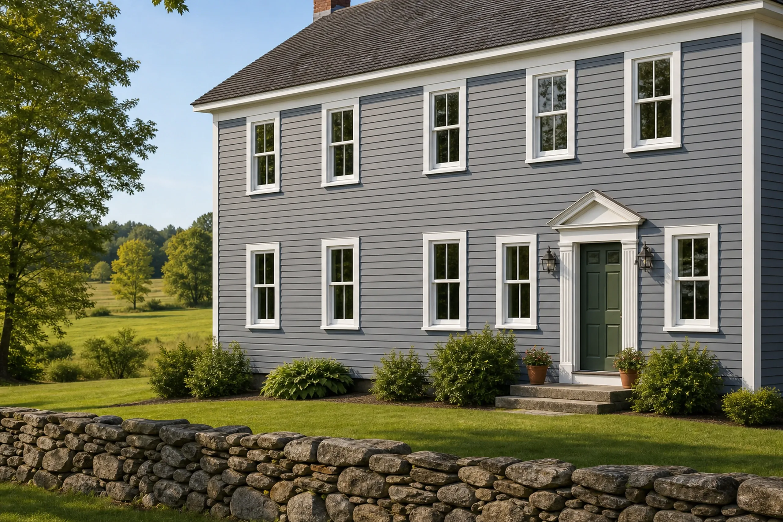 Window replacement in Belmont: gray clapboard house with white-trimmed double-hung windows, a pedimented doorway with a green door and a dry stone wall in front