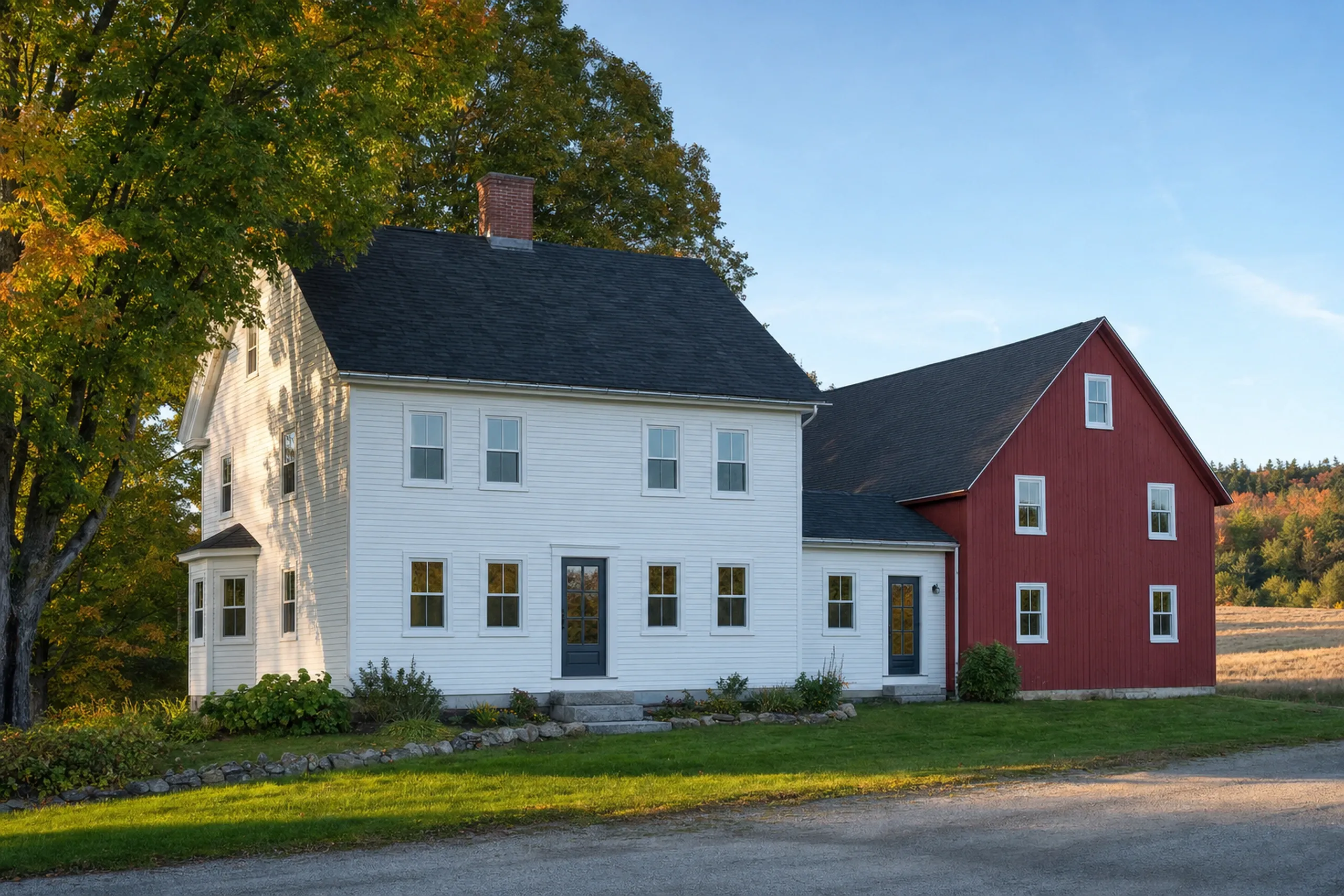 Window replacement in Belmont, ME: white clapboard farmhouse joined to a red barn, with a brick chimney, dark gray door, gravel drive and autumn color in the trees