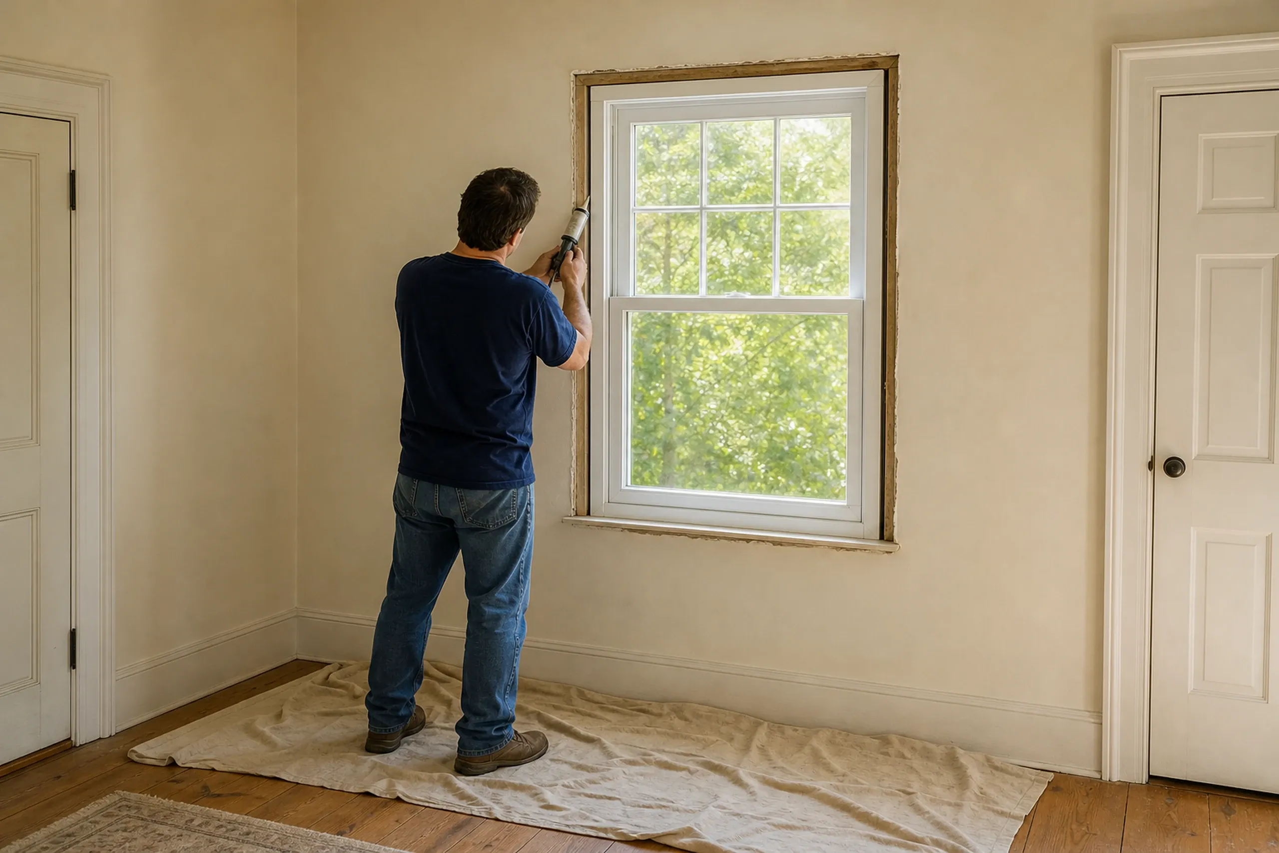 Window replacement in Belmont: A man in a navy shirt and jeans, seen from behind, holding a caulk gun to the edge of a white double-hung window, drop cloth below