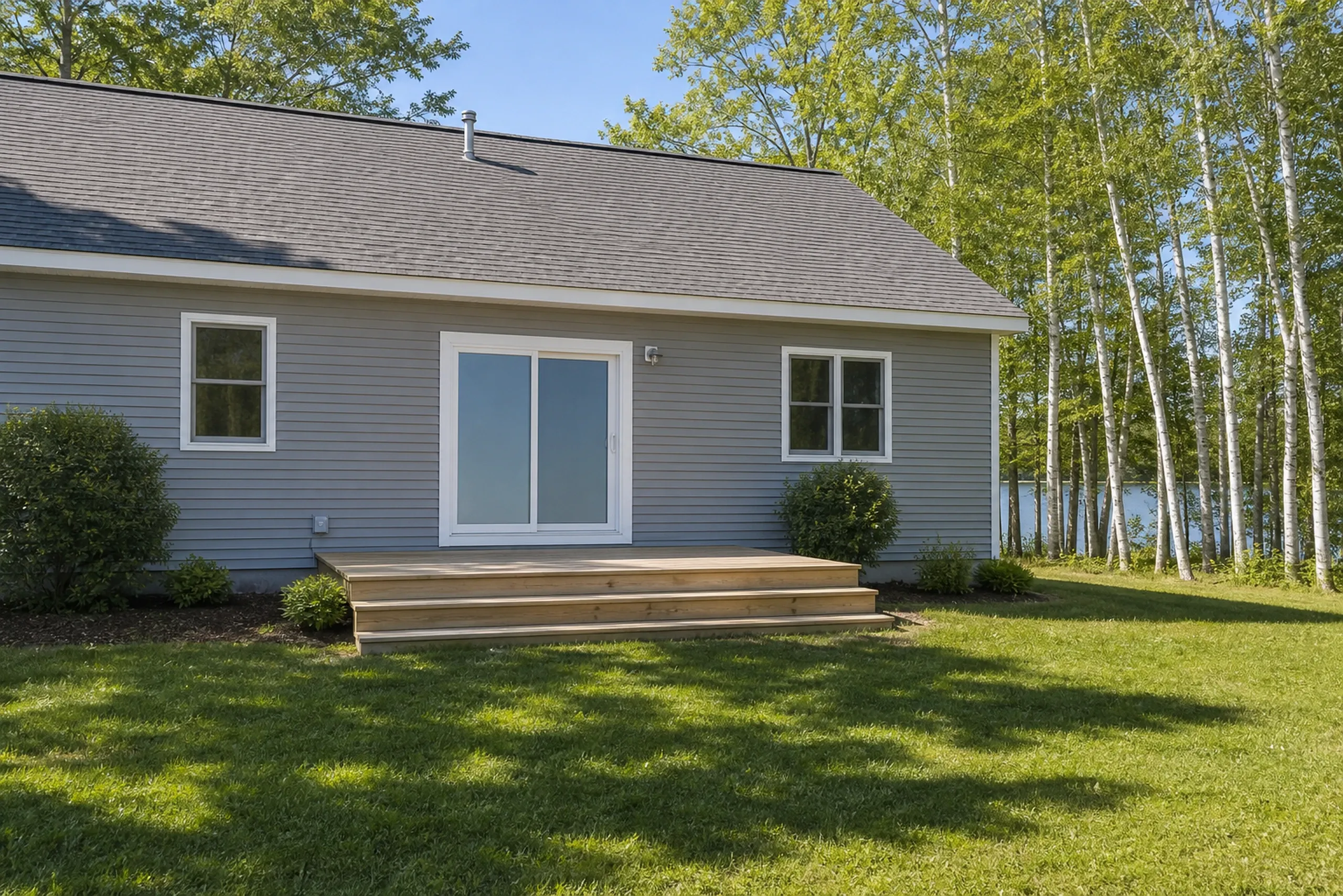 Window replacement in Belmont: back of a gray single-story house with a white sliding door, three wooden steps, two small windows, birch trees and water past the lawn