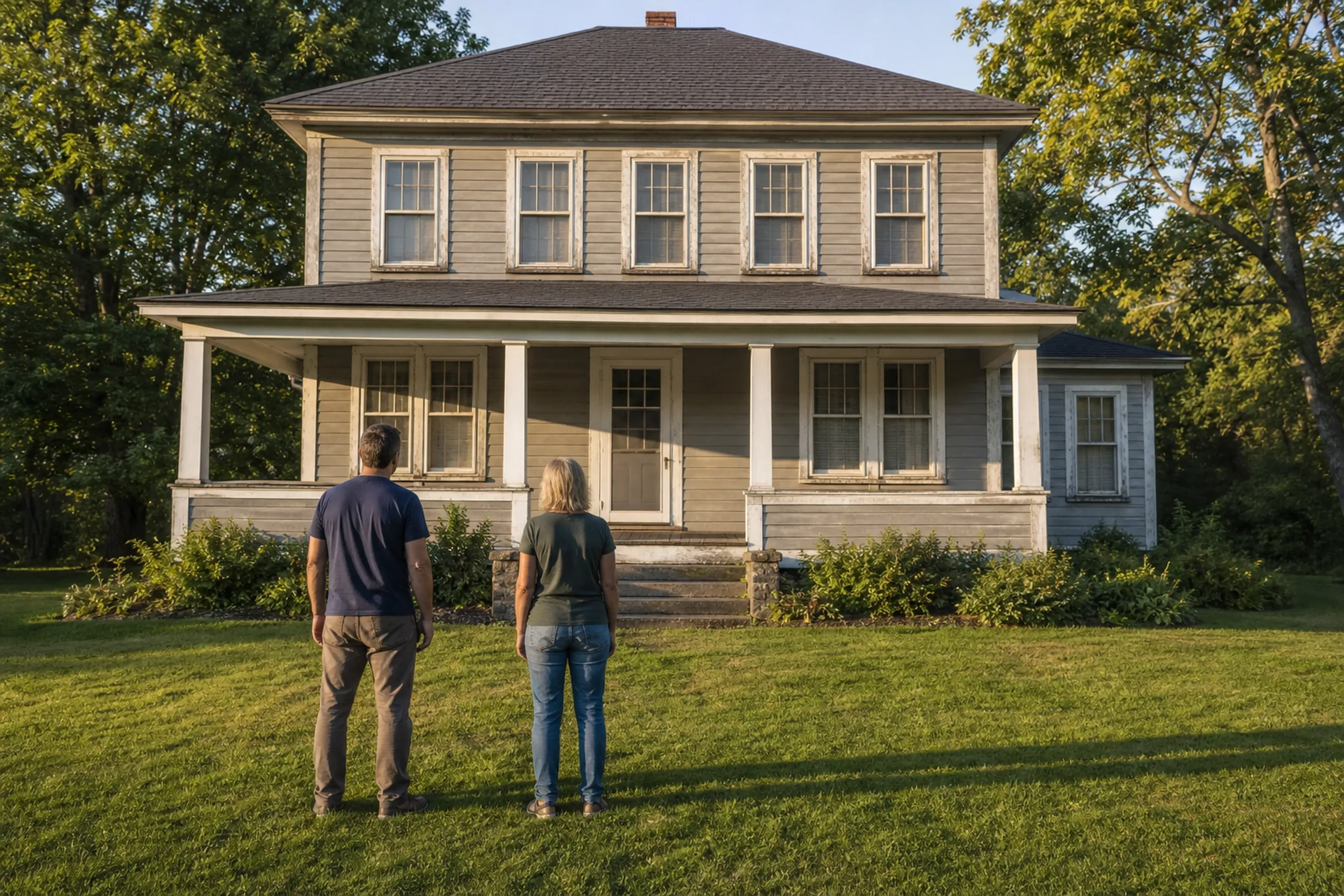 Window replacement in Belmont first visit: weathered gray two-story house with a hip roof, covered porch and white columns, with two people seen from behind on the lawn