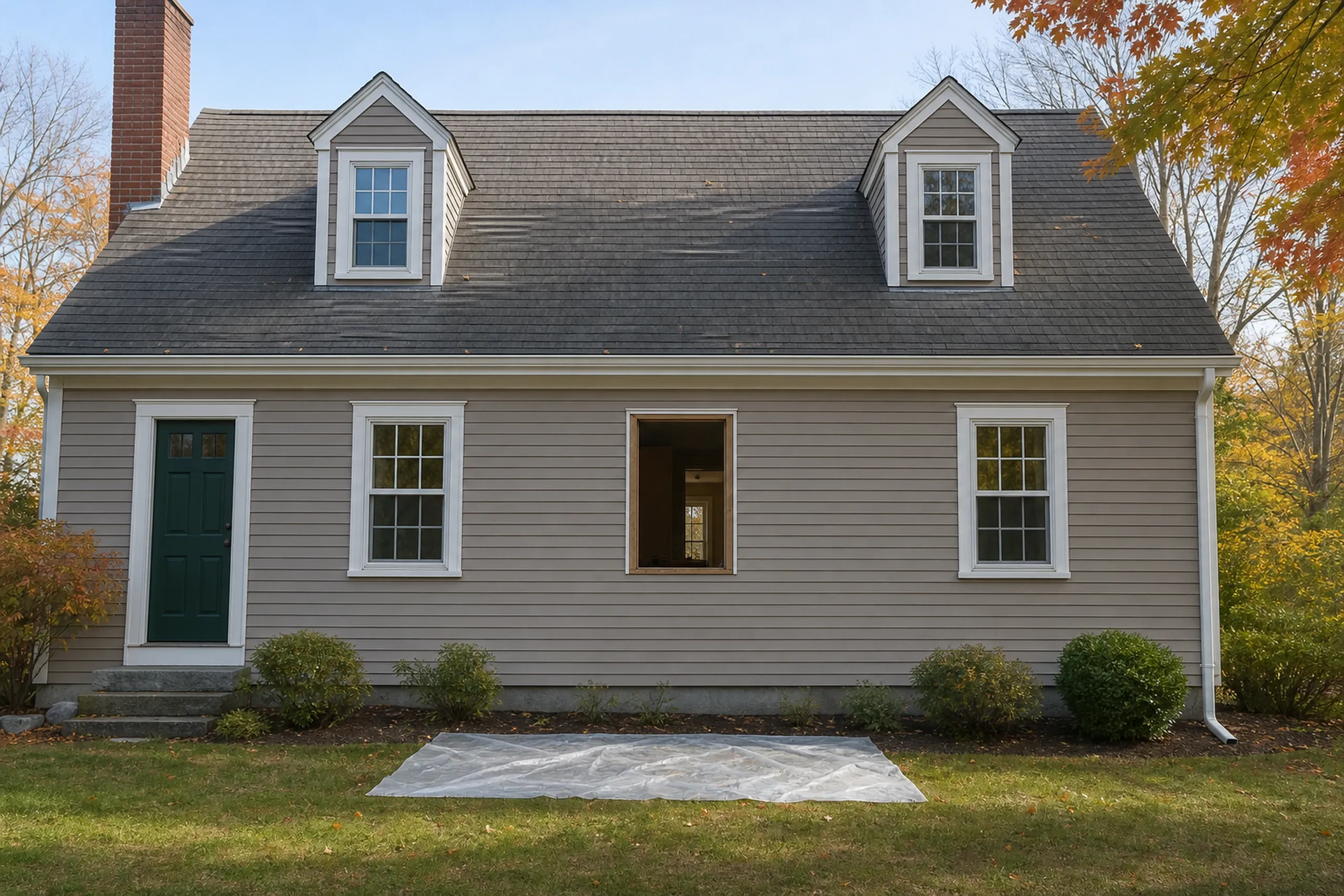 Window replacement in Belmont in progress: taupe Cape house with two dormers, a green door and an empty window opening in bare wood, with plastic sheeting on the lawn below