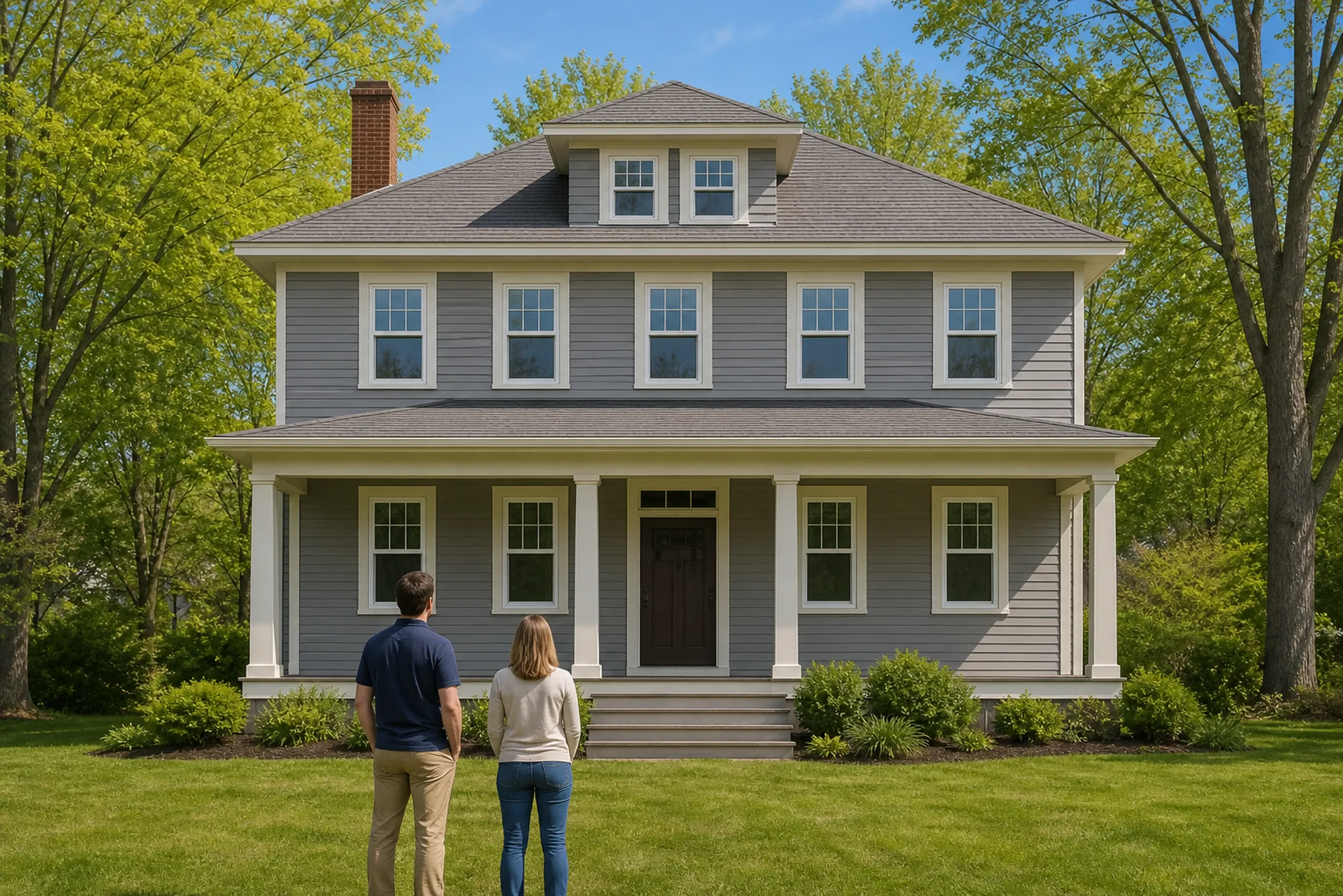 Window replacement in Belmont: gray clapboard house with a dormer, white porch columns and a dark brown door, two people in navy and cream tops facing it from the lawn