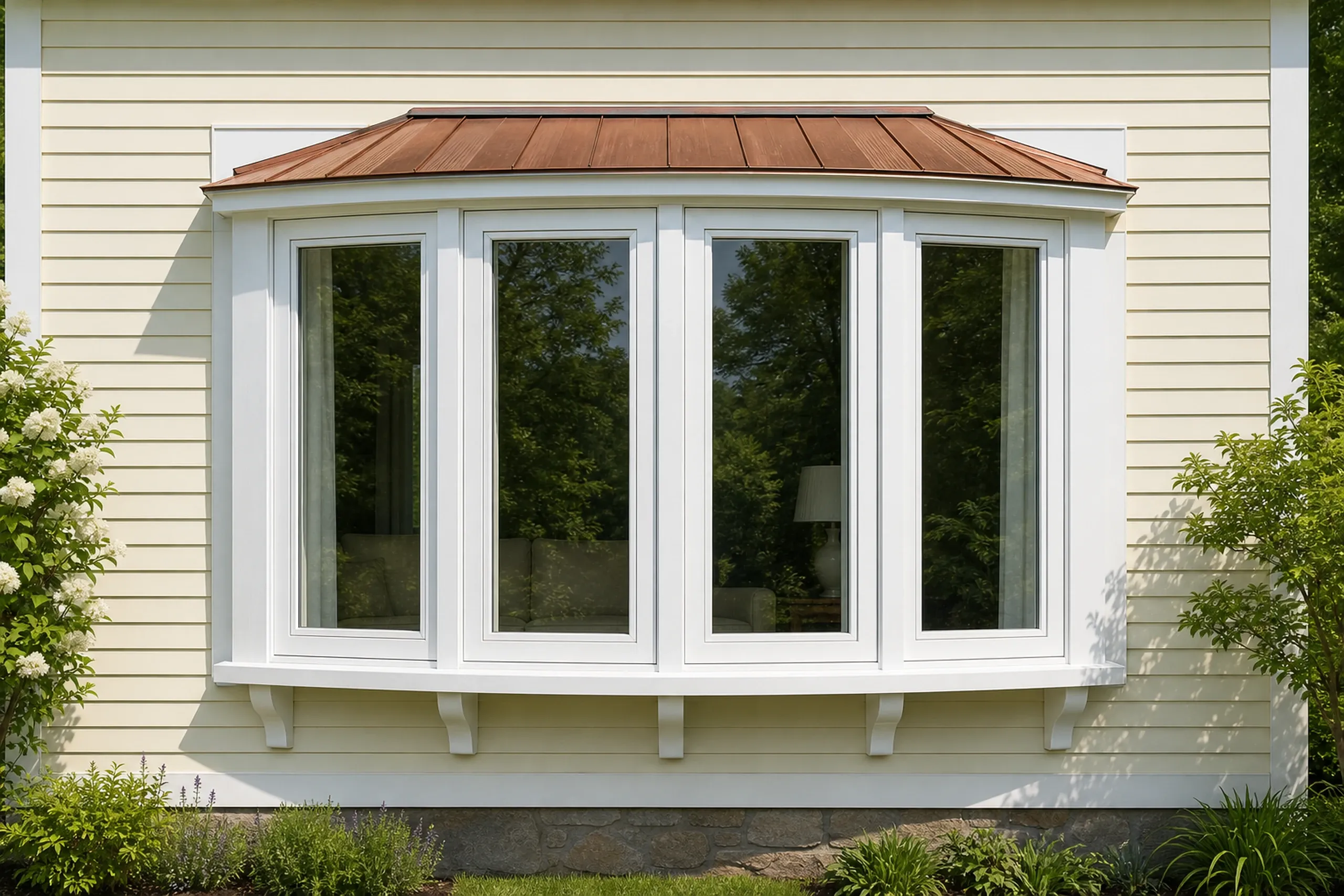 Window replacement in Belmont: bay of four tall white windows under a copper-colored roof on cream clapboard, with white blossoms on a shrub at left and stone below