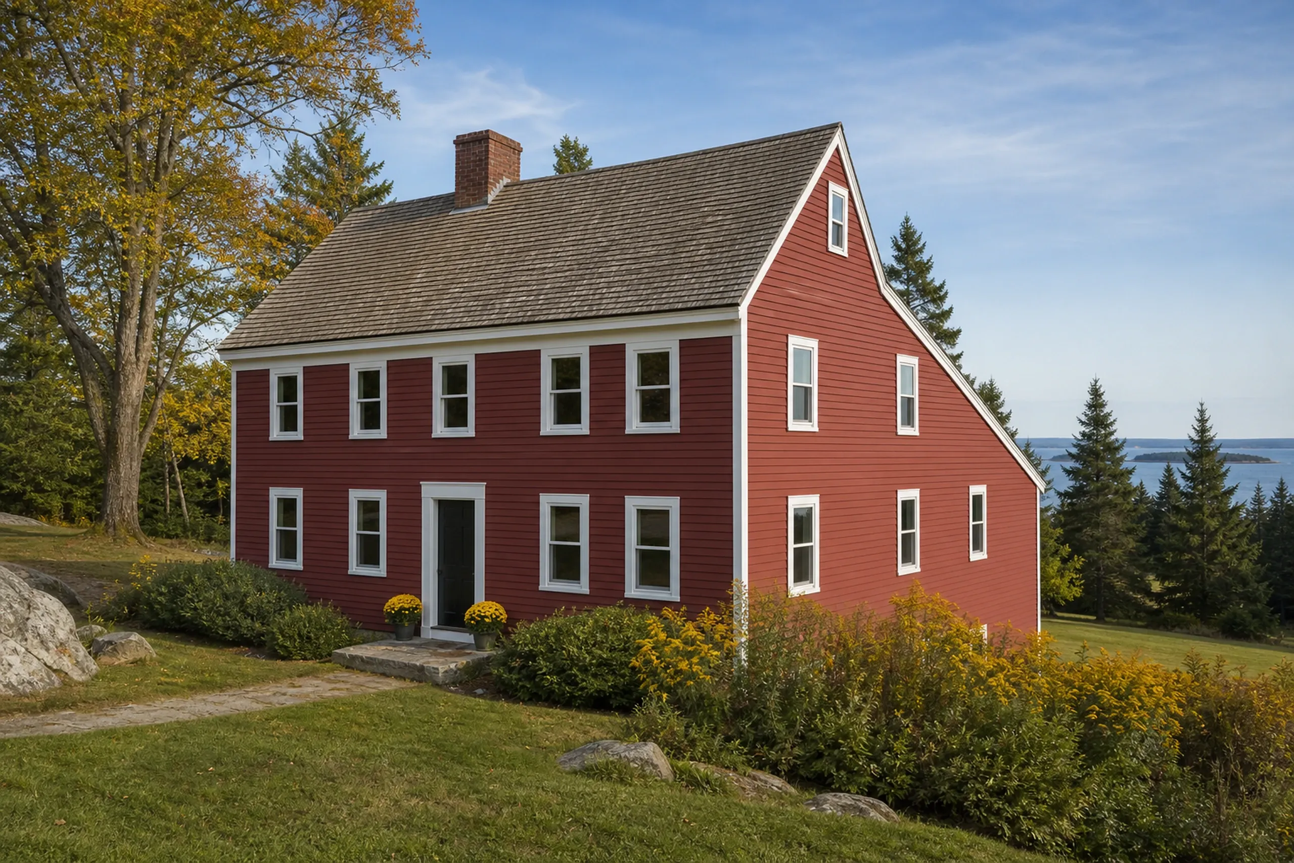Window replacement in Bremen: red clapboard house with white-trimmed windows, black door, potted yellow flowers and a long sloping side roof, spruces and sea behind