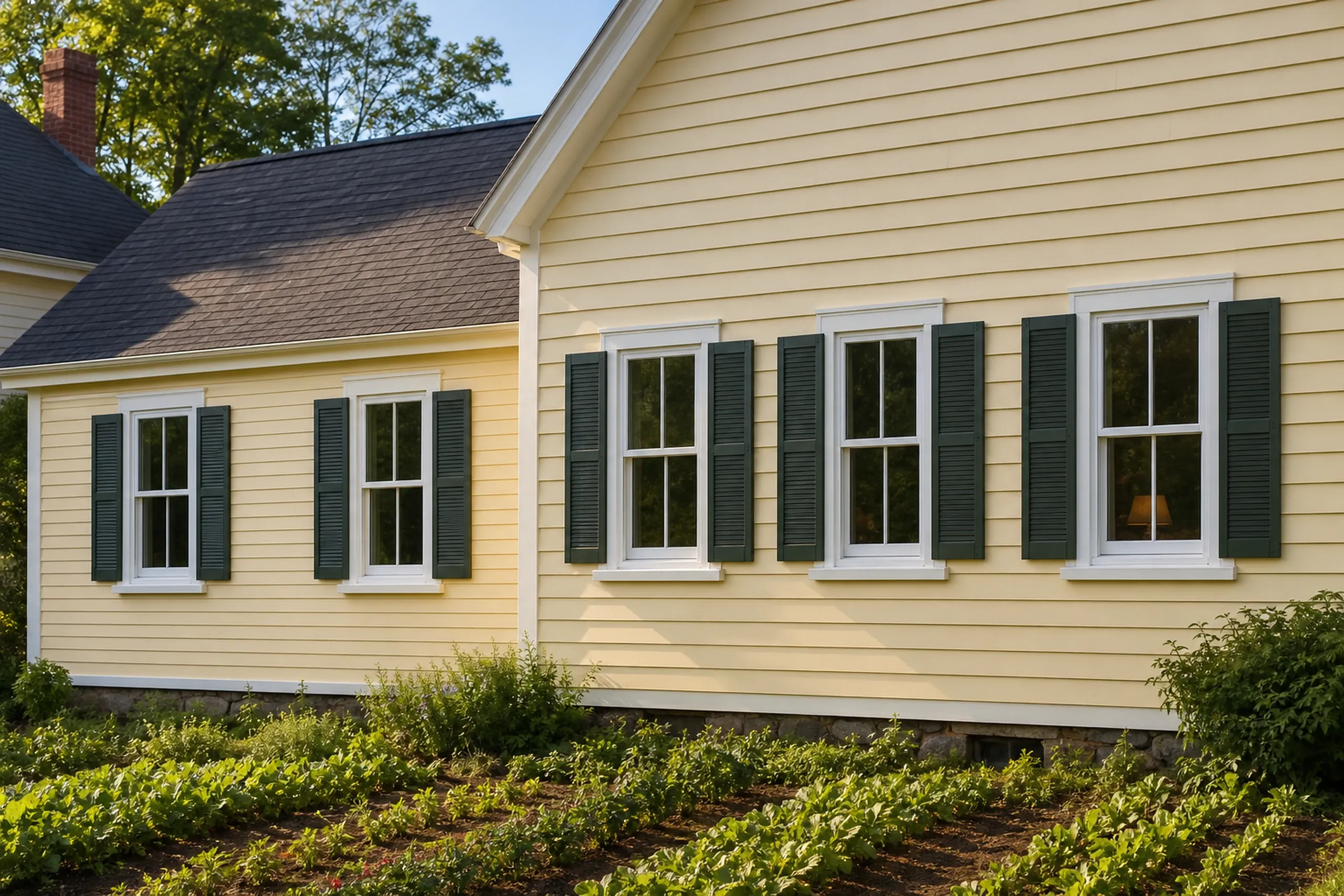 Window replacement in Bremen: pale yellow clapboard walls with white-trimmed double-hung windows and dark green louvered shutters, above rows of garden plants