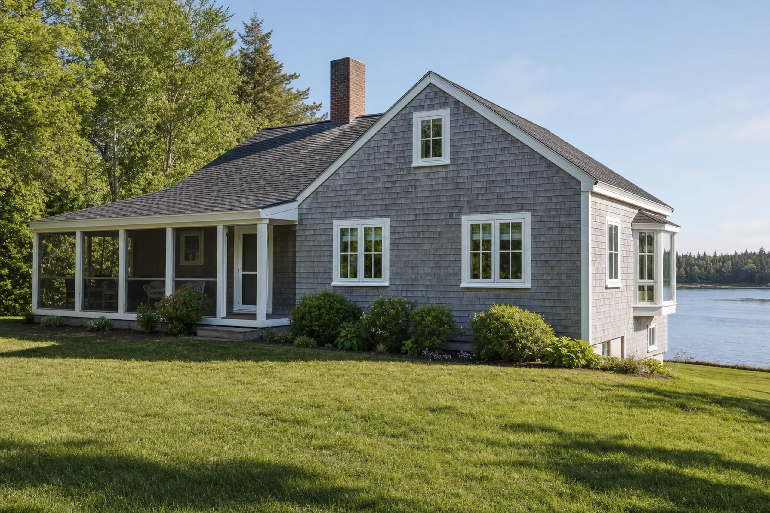 Window replacement in Bremen, ME: gray cedar-shingled cottage with a screened porch, white-trimmed windows and a small bay, on a lawn sloping toward water on the right