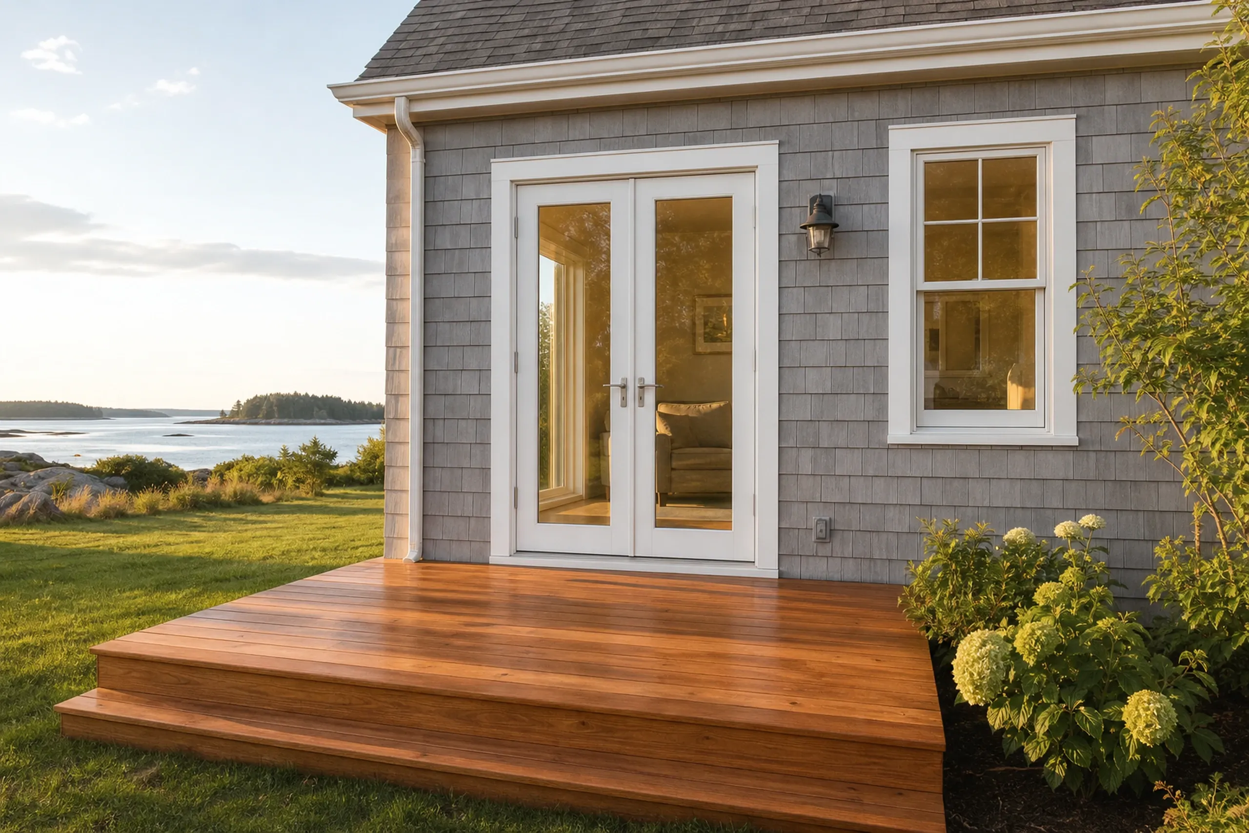 Window replacement in Bremen: white French doors with full-length glass over a varnished wood platform, beside a double-hung window on gray shingles, rocky shore left