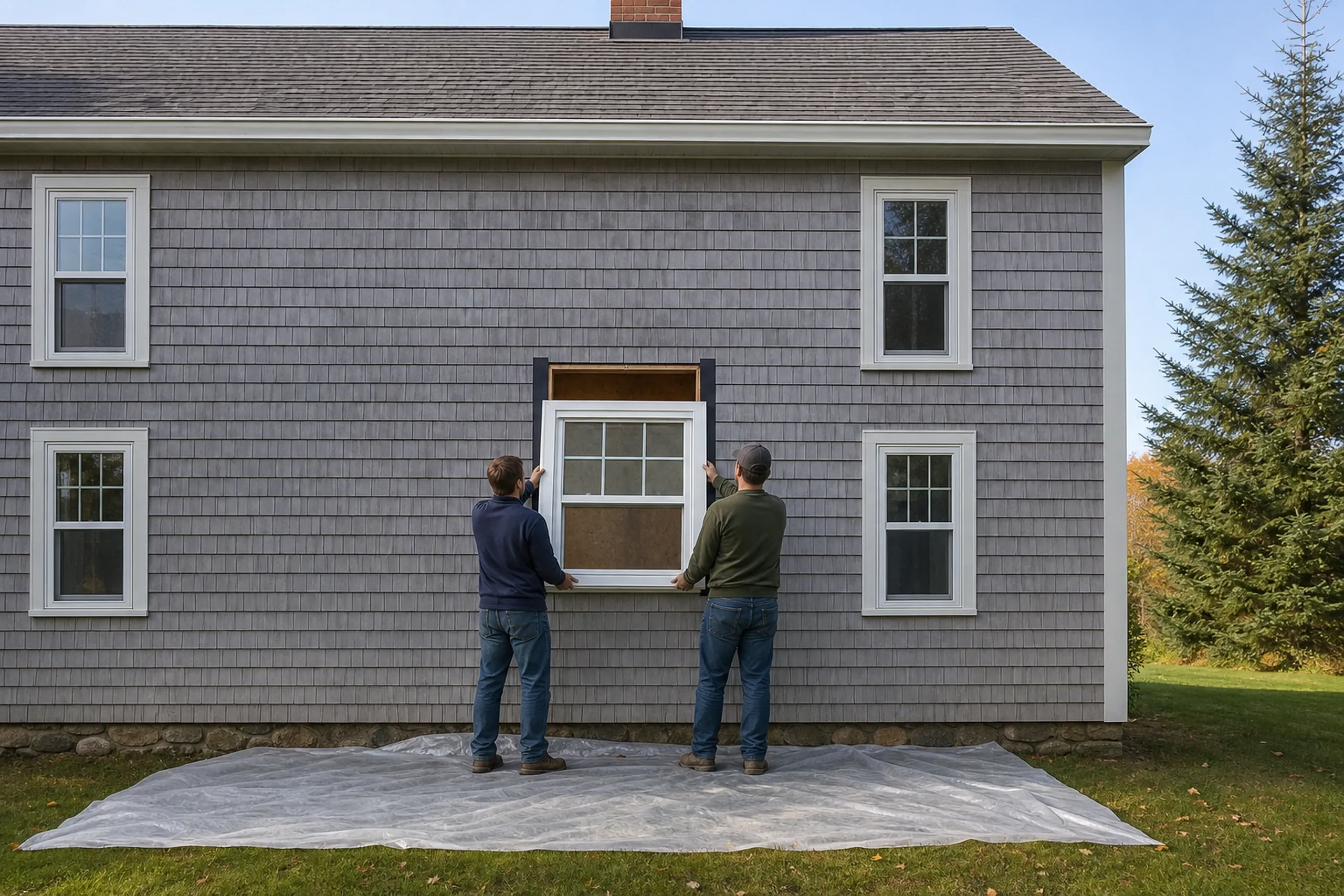 Window replacement in Bremen: two people seen from behind lifting a white window into an opening edged in black on a gray shingled wall, plastic sheeting below