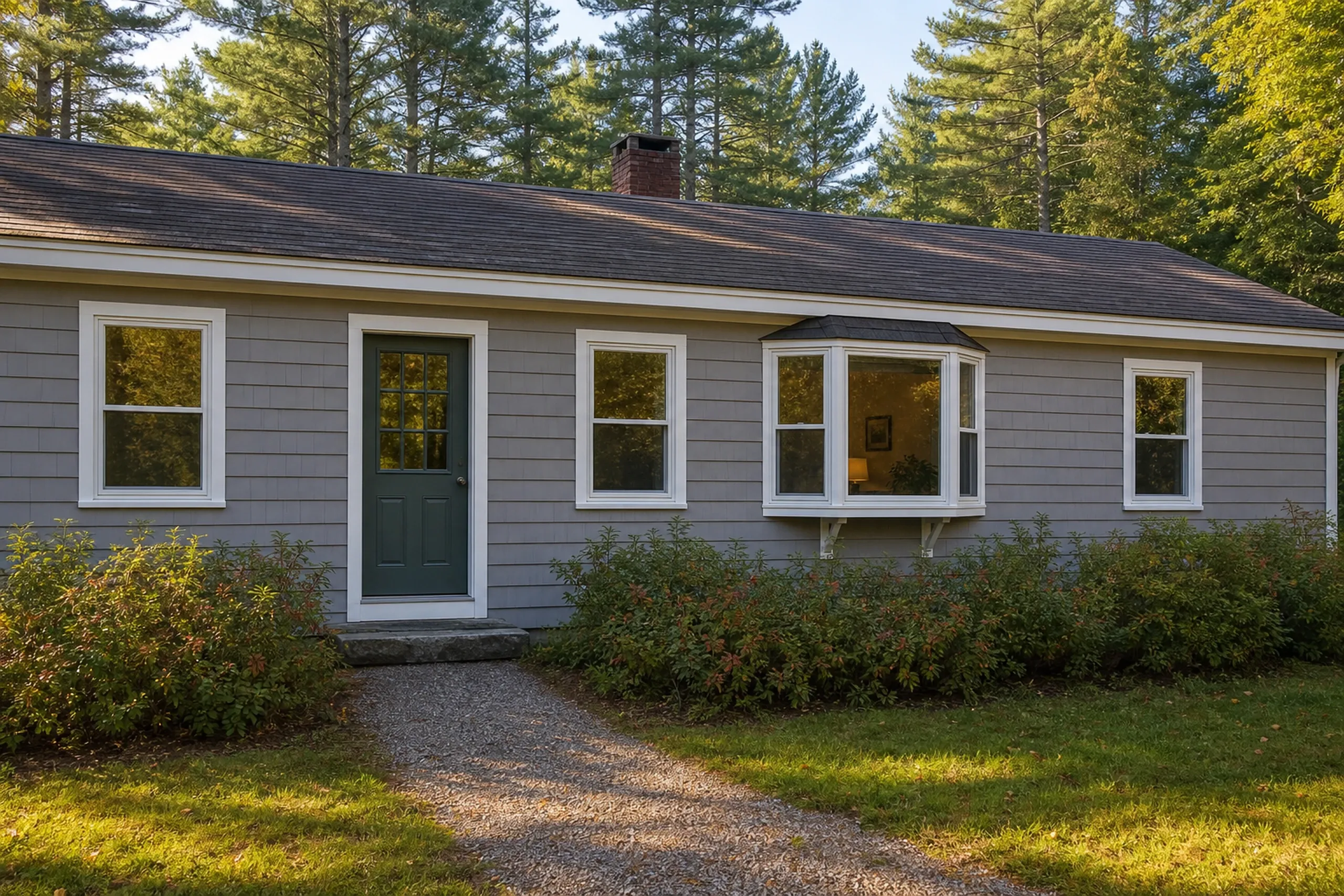 Window replacement in Bremen: gray shingled ranch house with a green door, white-trimmed double-hung windows and a small bay window, a gravel path and pines behind