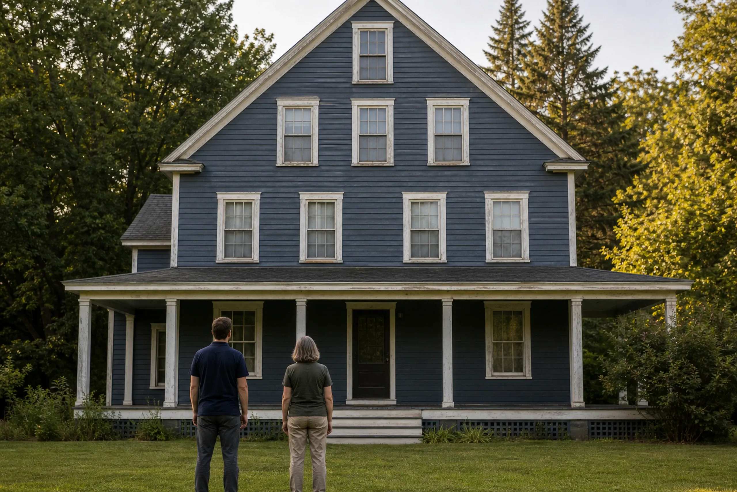 Window replacement in Bremen first visit: dark navy clapboard house with a wraparound porch, peeling white trim and a tall gable, with two people seen from behind on the lawn