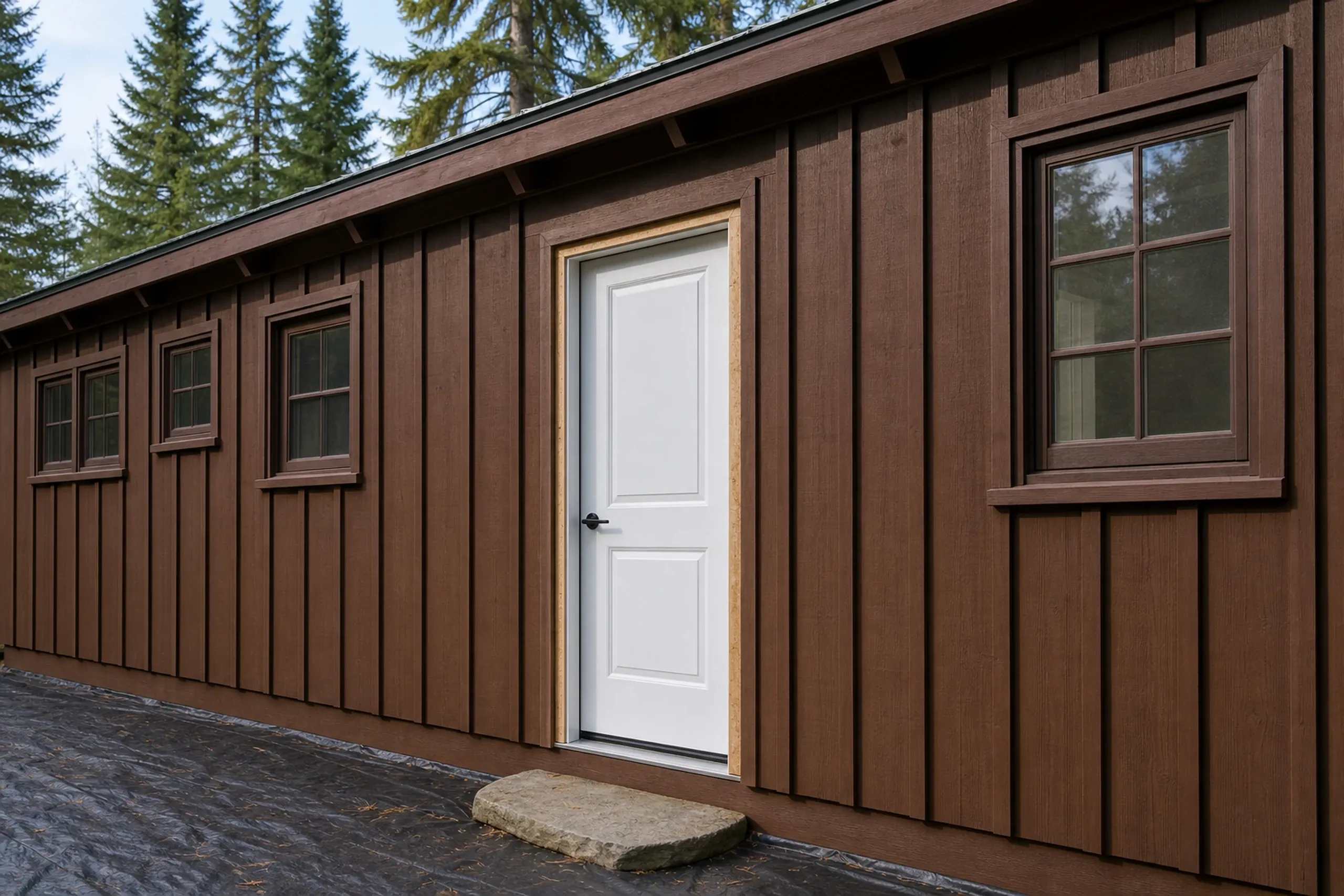 Window replacement in Bremen in progress: brown board-and-batten wall with a white paneled door in a raw wood frame, a six-pane window and black plastic sheeting on the ground