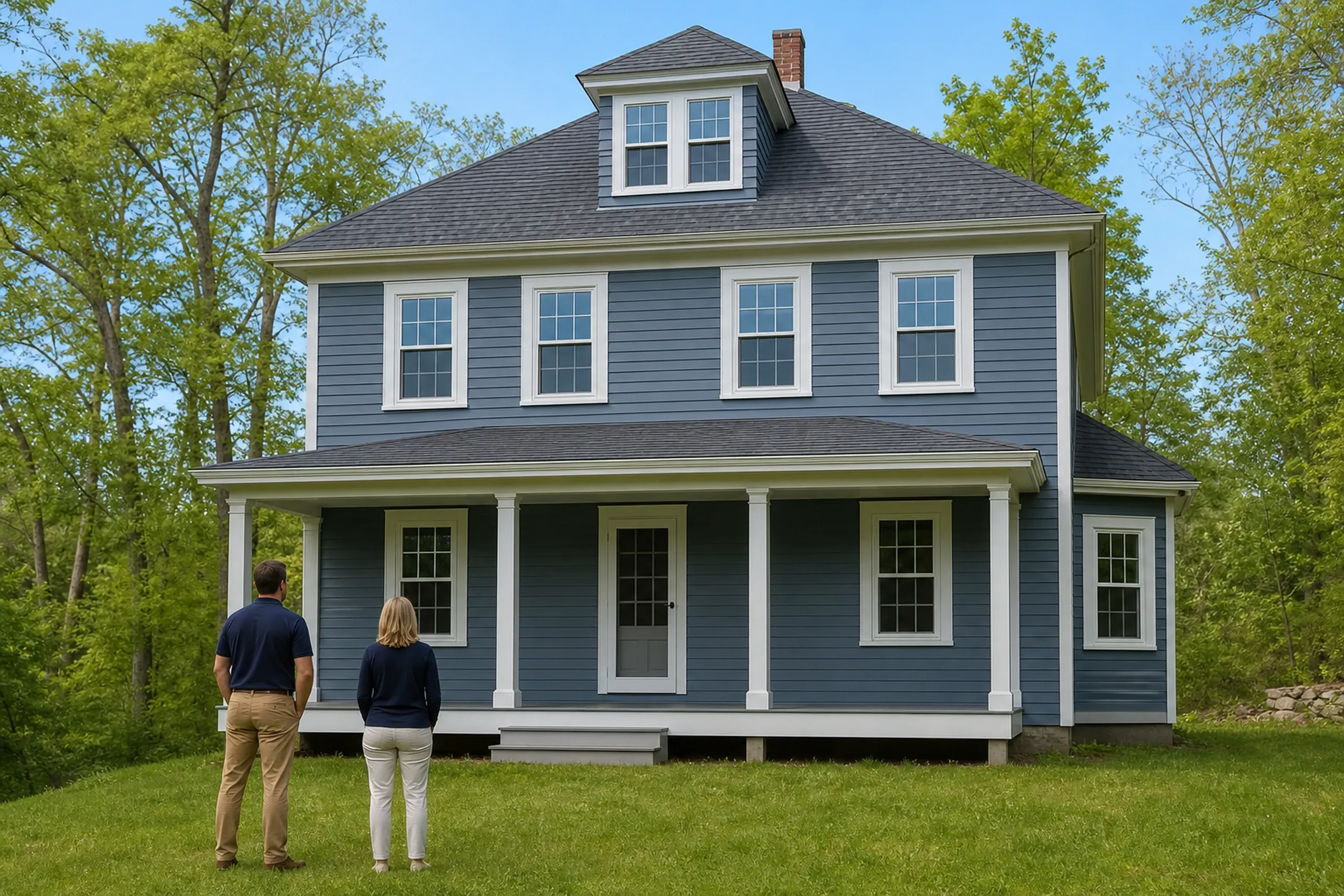 Window replacement in Bremen final walkthrough: slate blue house with a hip roof, a twin-window dormer and white porch columns, two people seen from behind on the grass