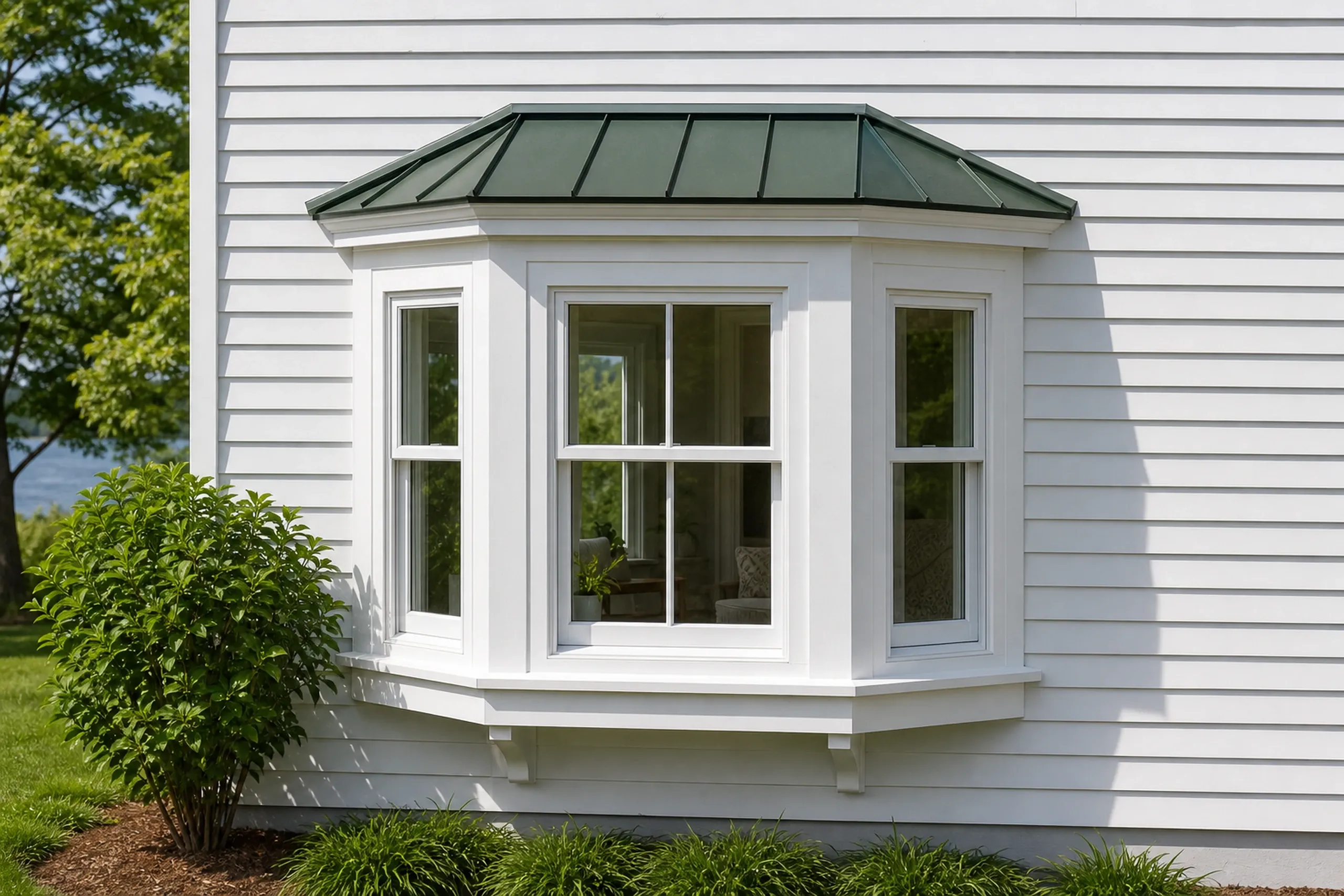 Window replacement in Bremen: white clapboard bay with a green metal roof, a two-over-two double-hung window in the center, narrower windows at each side, shrub at left