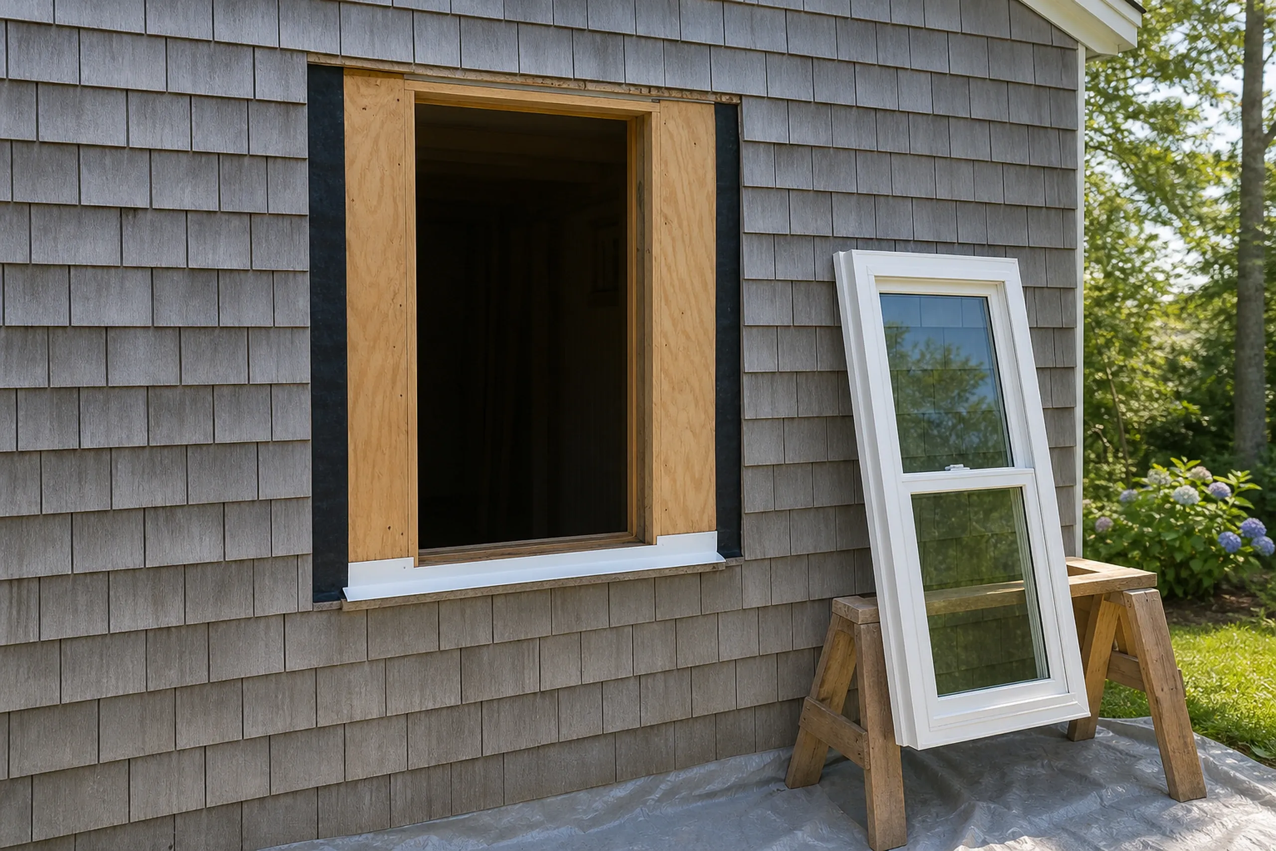 Window replacement in Camden: empty window opening on gray shingles framed in plywood and black flashing tape, with a white double-hung window on a sawhorse nearby