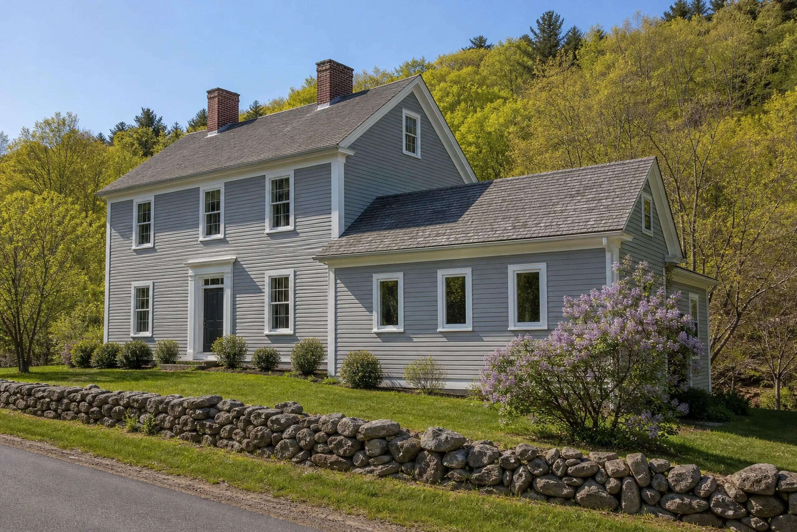 Window replacement in Camden: gray clapboard house with two brick chimneys, white-trimmed windows and a black door, a stone wall in front and a blooming lilac