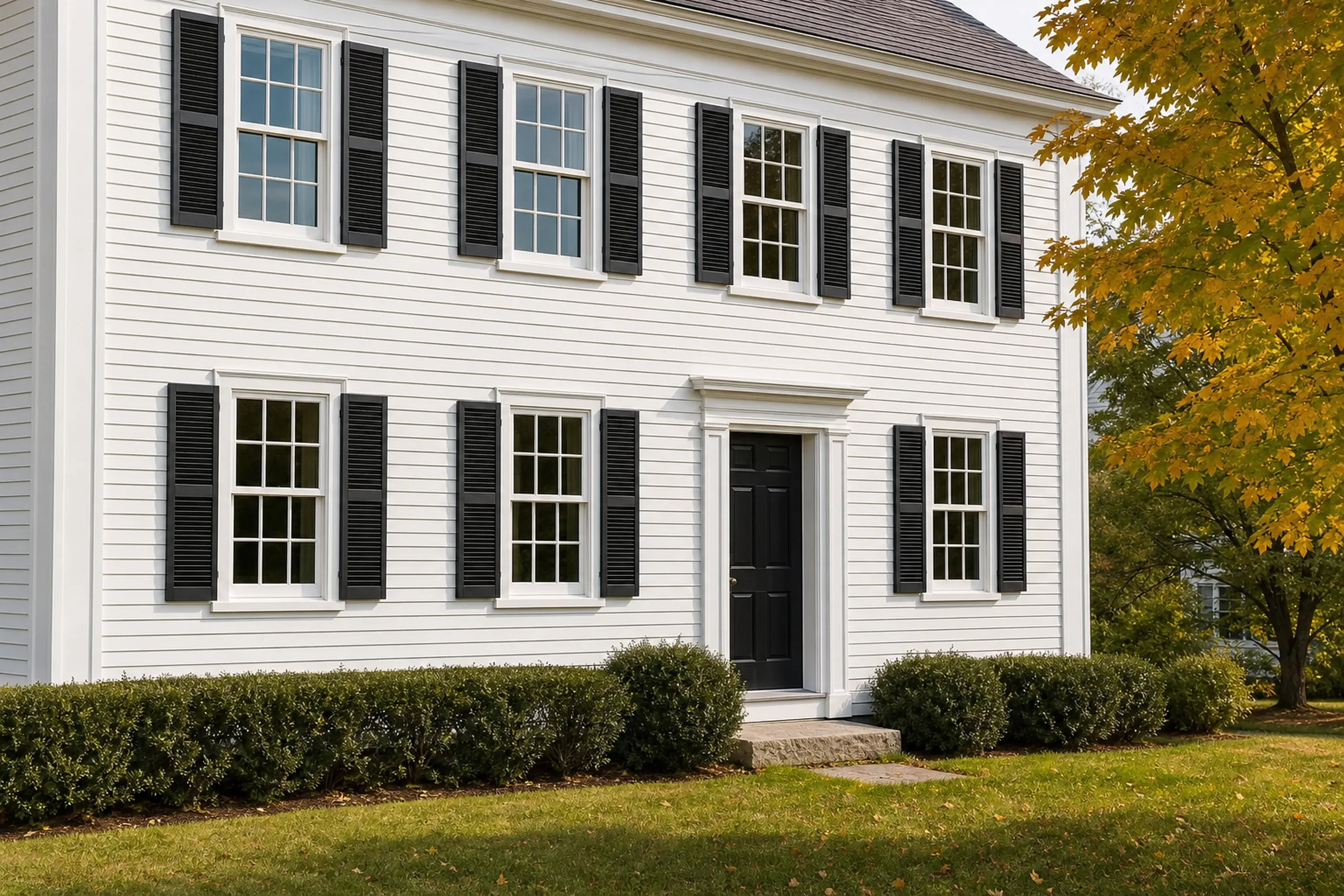 Window replacement in Camden: white clapboard house with black louvered shutters on many-paned double-hung windows, a black paneled door, boxwood and a yellow maple