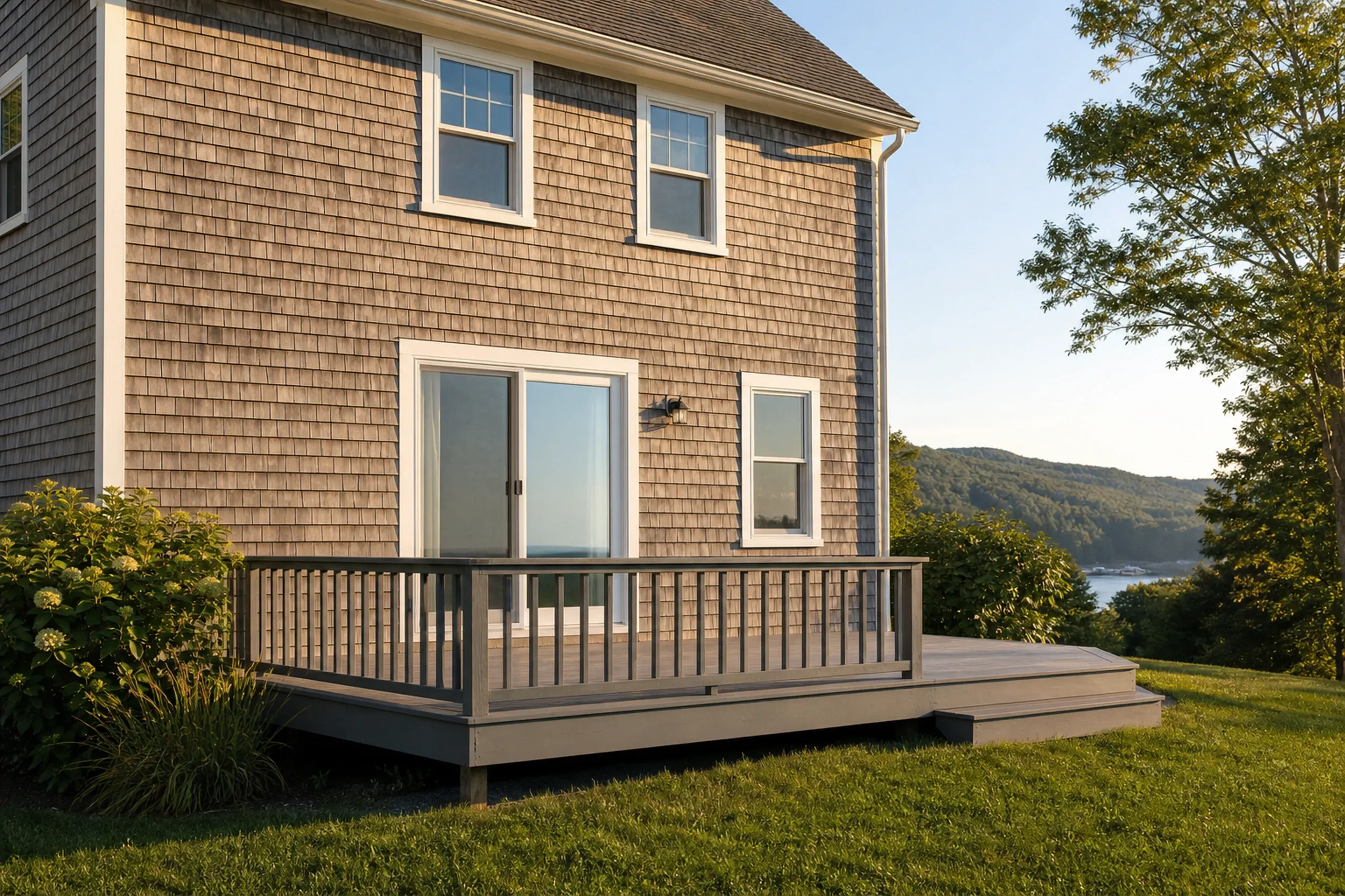 Window replacement in Camden: white sliding patio door and double-hung windows on a shingled wall, a gray deck with railing and one step, hills and harbor behind