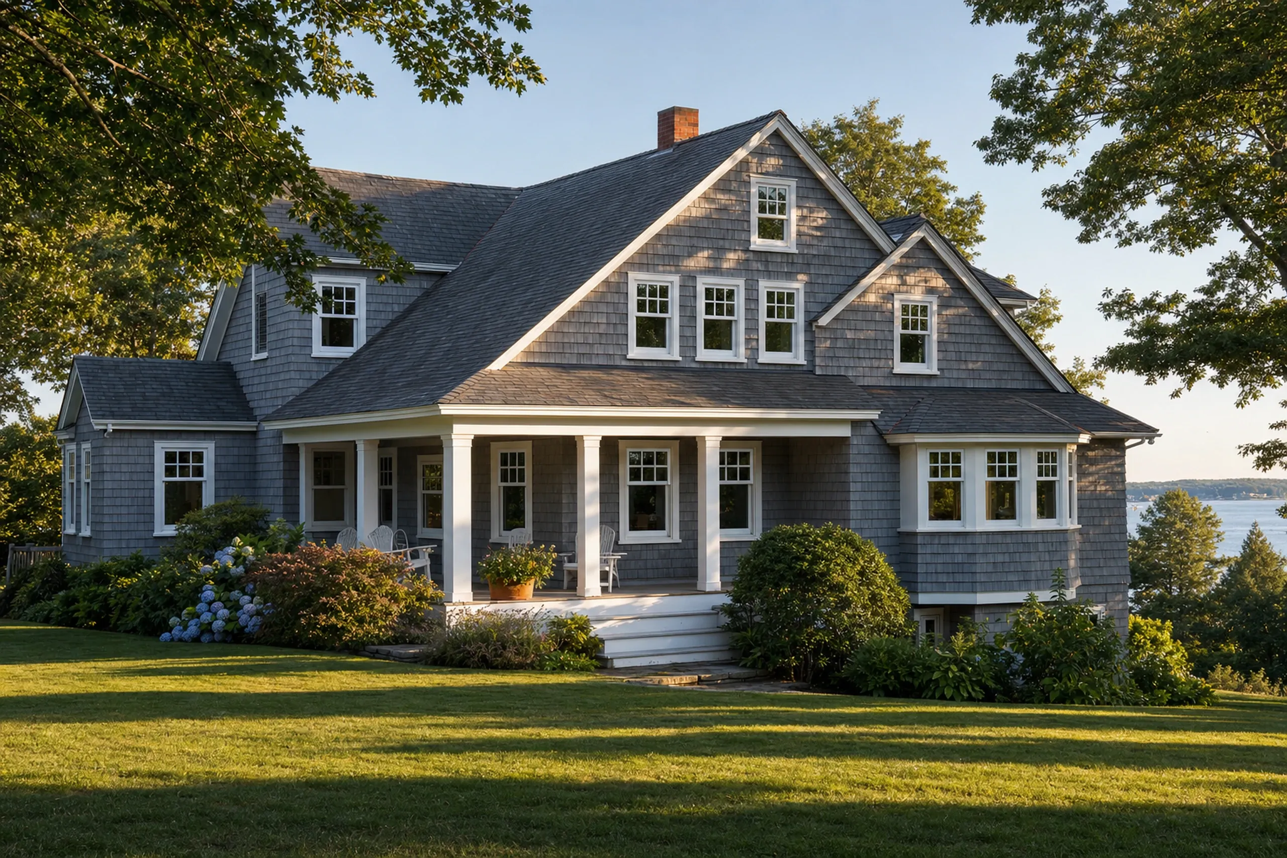 Window replacement in Camden, ME: gray shingled house with a covered porch, white columns and many white-trimmed windows, blue hydrangeas, a lawn and water in the distance