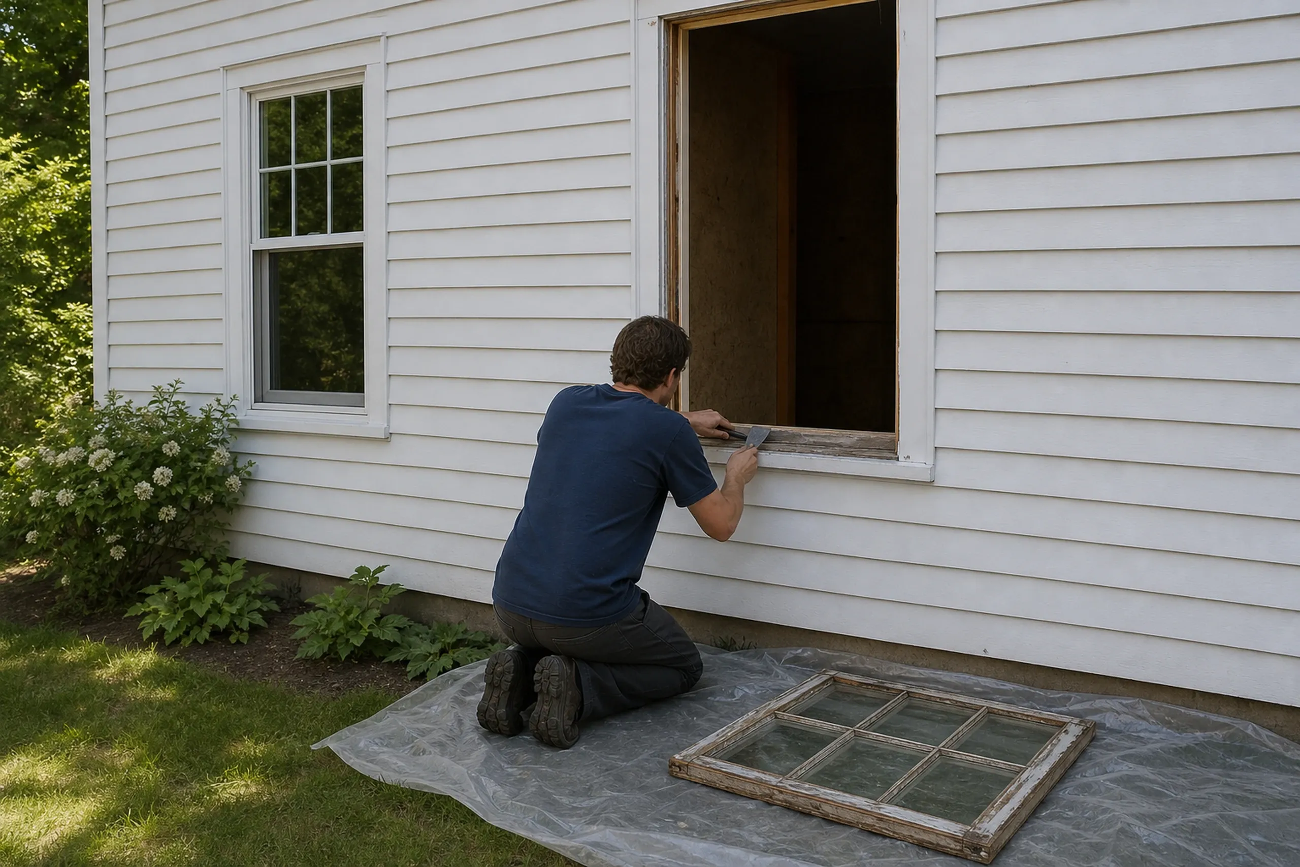 Window replacement in Camden: A man in a navy shirt kneeling at an empty window opening with a putty knife, an old wooden sash lying on plastic sheeting beside him
