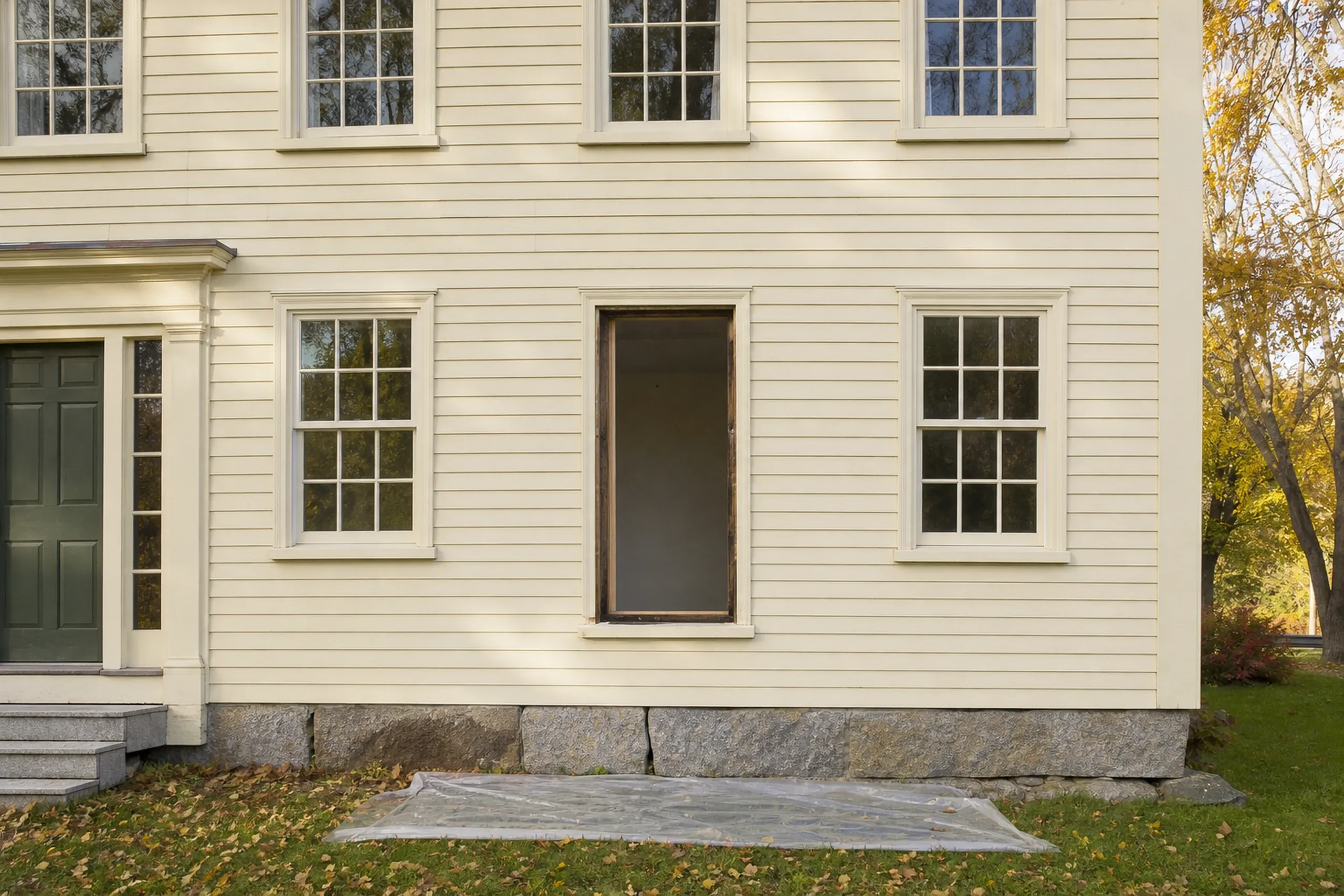 Window replacement in Camden in progress: cream clapboard wall with a tall empty window opening between two multi-pane windows, granite base and plastic sheeting on leafy grass