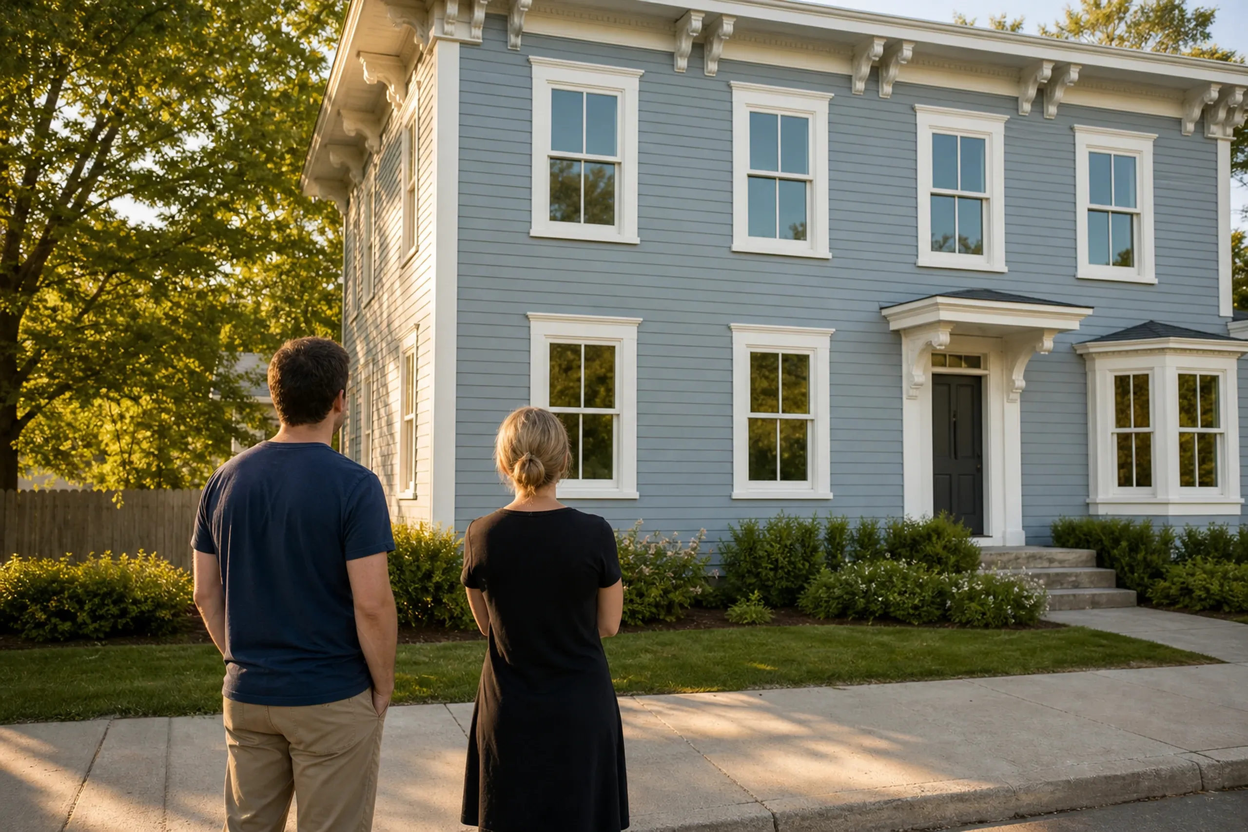 Window replacement in Camden final walkthrough: slate-blue two-story house with a bracketed entry hood and small bay, two people in a navy shirt and a black dress seen from behind